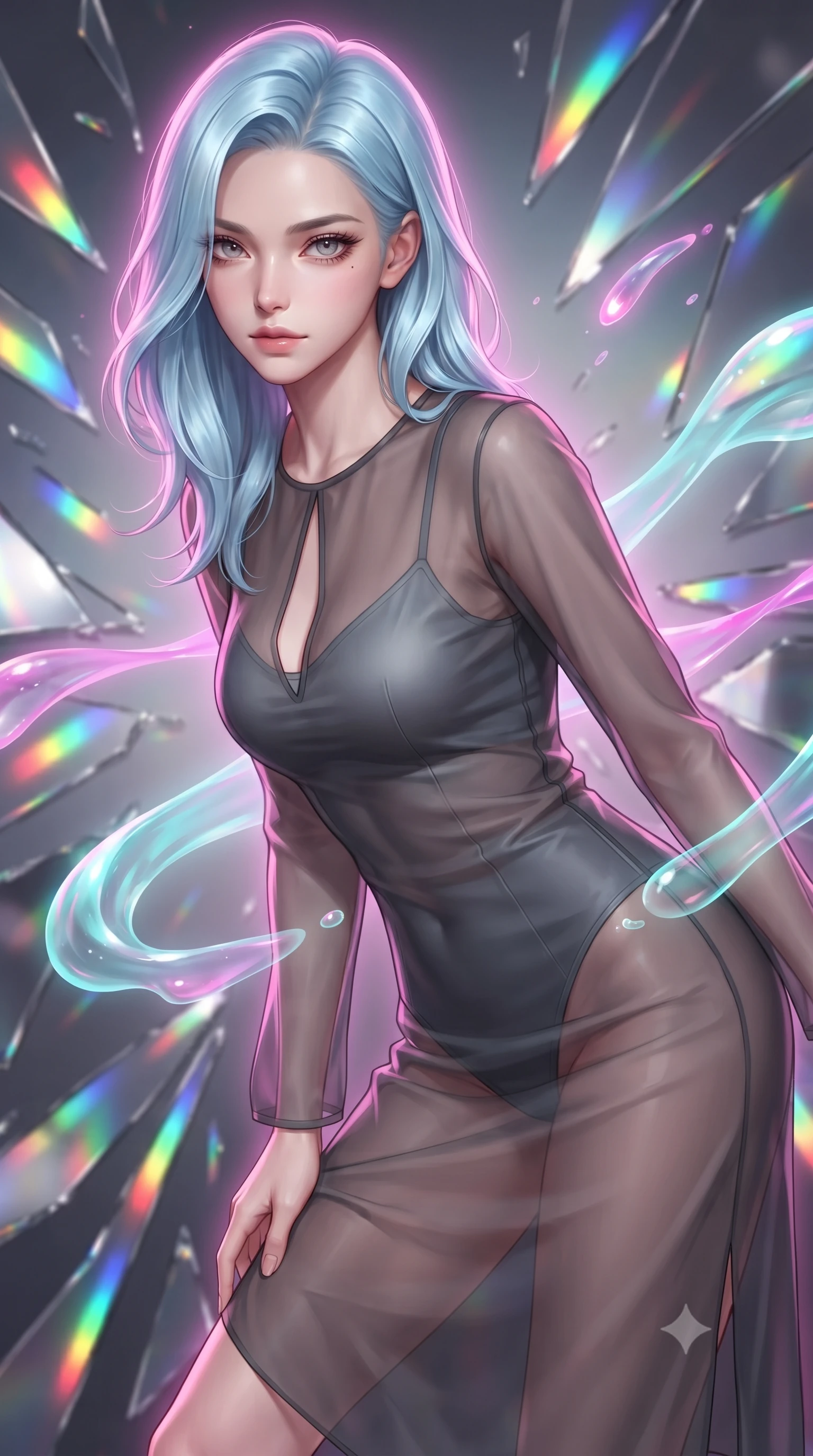 score_9, masterpiece, best quality, ultra-detailed, high-budget anime keyframe, editorial fashion photography, tasteful artistic composition, Korean woman. close-up cowboy shot from the waist and thighs up, the character dominates the composition, filling the frame with her large presence, background elements kept in soft focus. Leaning slightly forward with a composed, seductive gaze under soft glowing light guiding viscous opal paint ribbons hovering gracefully in mid-air, shattered mirror shards scattering brilliant rainbow reflections everywhere. She has an exceptionally elegant, slender, and willowy female figure with an ultra-slim waist, a gracefully sculpted slender torso, and a refined silhouette. sharp v-shaped jawline, high-bridge nose, intricate jewel-like eyes with depth, thick eyelashes, glossy lips with a natural sheen. wearing a semi-opaque sheer overlay dress over a leather micro-bodysuit in charcoal grey and platinum, crafted from smooth liquid silk, accented with a Tasteful chest slit framing her clavicle gracefully, the sleek second-skin texture accentuating her magnetic presence. surrounded by a radiant glow of magenta and aqua fluid highlights. highly saturated vibrant anime colors, detailed shading with soft gradients, rich glossy textures, high-contrast stereoscopic depth, volumetric dynamic lighting, master piece, 9:16 ratio