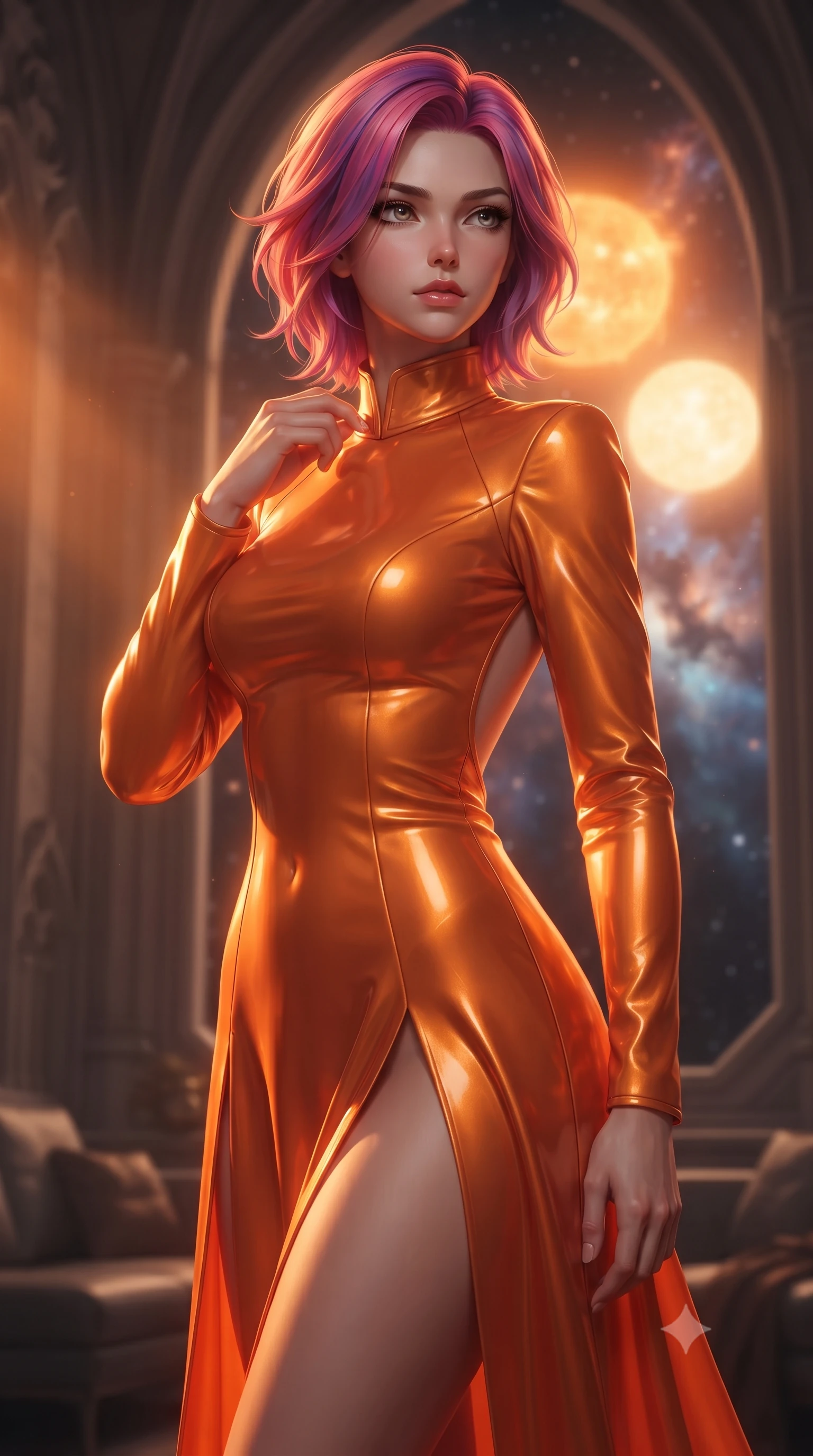 score_9, masterpiece, best quality, ultra-detailed, high-budget anime keyframe, editorial fashion photography, tasteful artistic composition, Caucasian woman. close-up cowboy shot from the waist and thighs up, the character dominates the composition, filling the frame with her large presence, background elements kept in soft focus. adjusting the high collar of her body-hugging suit, looking past the camera with quiet, sharp focus and a composed expression, the background shows a soft-focus a planetary window seat in a cathedral lounge overlooking a binary sun. She has an exceptionally elegant, slender, and willowy female figure with an ultra-slim waist, a gracefully sculpted slender torso, and a refined silhouette. sharp v-shaped jawline, high-bridge nose, intricate jewel-like eyes with depth, thick eyelashes, glossy lips with a natural sheen. wearing a tailored high-slit space combat gown in sunset orange chiffon, featuring a daring thigh-slit and an open-back design. dramatic orange sunbeams painting the cabin in a warm wash. ultra-reflective glossy finish, specular highlights, metallic sheen, high-contrast stereoscopic depth, volumetric dynamic lighting, 2k, ultra detail, master piece, 9:16 ratio