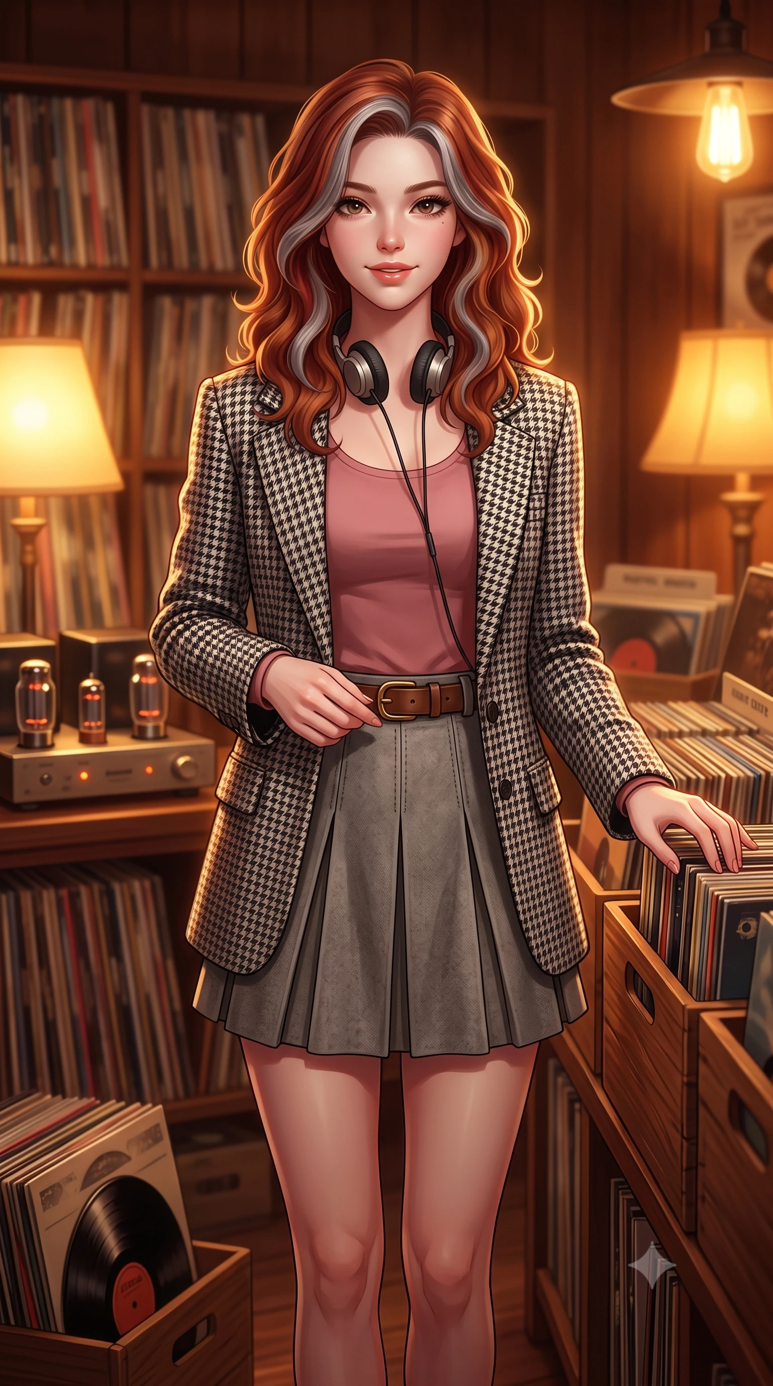 score_9, masterpiece, best quality, ultra-detailed, high-budget anime keyframe, semi-realistic 3D game render, editorial fashion photography, tasteful artistic composition, Caucasian woman. close-up cowboy shot from the waist and thighs up, the character dominates the composition, filling the frame with her large presence. holding her hands loosely in front with regal, aristocratic poise, radiating an overwhelming high-society aura while browsing through crates of vintage vinyl records in a cozy, wood-paneled record shop with a fascinated, sweet smile. The composition keeps background elements in soft focus with creamy bokeh. walls of vintage vinyl record spines and glowing vacuum tube amplifiers blurred into rich mahogany, amber, and whiskey-gold bokeh. She has an exceptionally elegant, slender, and willowy female figure with an ultra-slim waist, a gracefully sculpted slender torso, toned flat midriff, and a refined slim silhouette. sharp v-shaped jawline, high-bridge nose, intricate jewel-like eyes with depth, thick eyelashes, glossy lips with a natural sheen, captivating and magnetic expression, flawlessly proportioned anatomical accuracy, strict slender model proportions, natural body alignment, perfectly sculpted long slender limbs, ultra-slim waistline, clean dynamic posture without body distortion. wearing a tailored 90s houndstooth oversized blazer over a simple scoop-neck top and a high-waisted pleated wool mini-skirt in dusty rose pink and vintage heather grey, tailored from velvety soft genuine suede with classic stitched seams, accessorized with a classic leather belt with brass buckle and retro on-ear foam headphones, the form-contouring material adhering flawlessly to her sculpted flat midriff and slender torso, emphasizing her long leg lines and perfectly proportioned willowy build. bathed in warm amber incandescent lamp glow and golden vacuum tube ambient warmth. highly saturated vibrant anime colors, detailed shading with soft gradients, rich glossy textures, high-contrast stereoscopic depth, volumetric dynamic lighting, master piece, 9:16 ratio