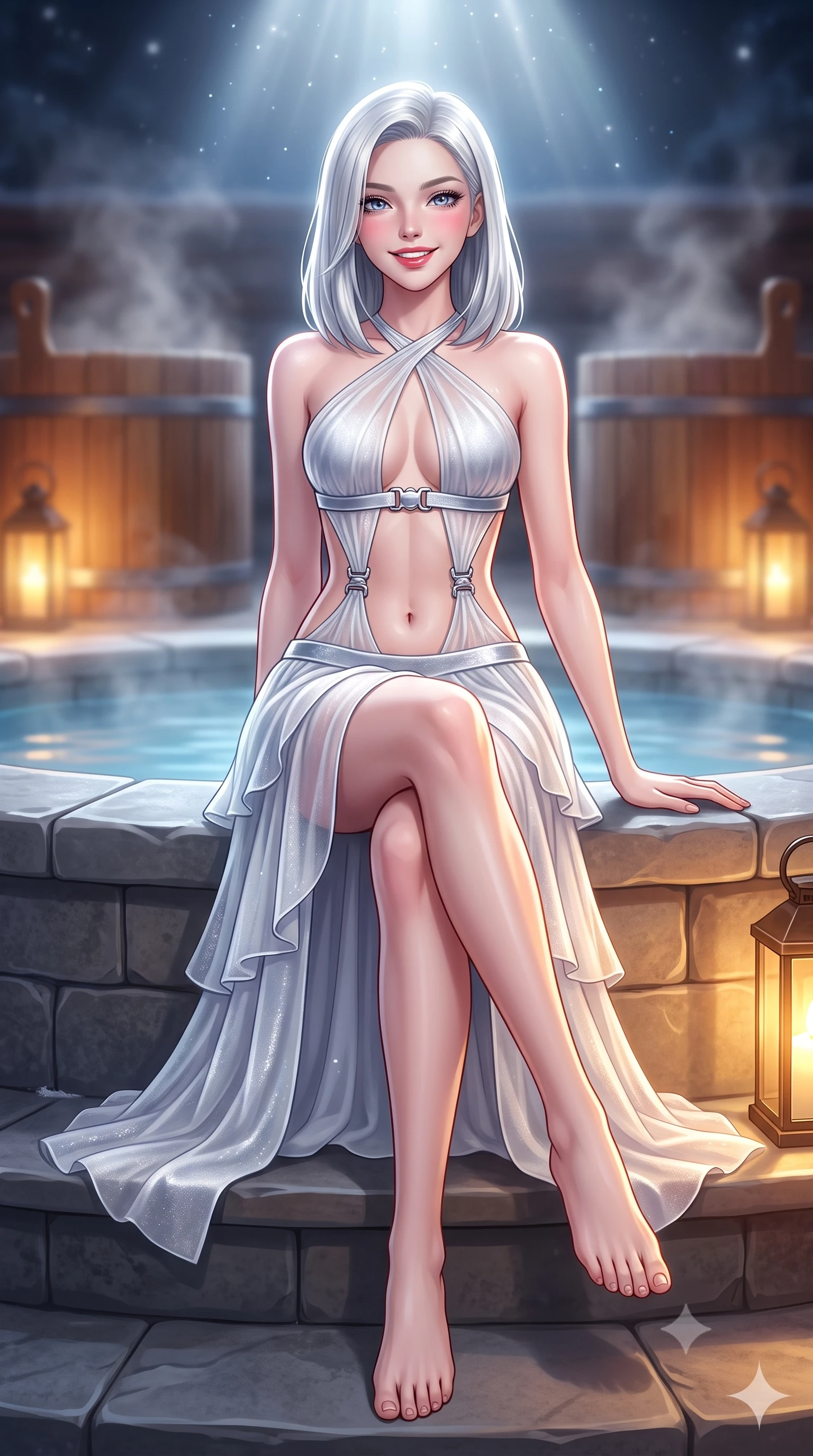 score_9, masterpiece, best quality, ultra-detailed, high-budget anime keyframe, semi-realistic 3D game render, editorial fashion photography, tasteful artistic composition, Korean woman. low angle full-body shot from head to toe showing her feet, filling the entire 9:16 vertical frame with her statuesque presence, stretching her vertical silhouette. sitting perched on the elevated stone pool coping with legs crossed and hips angled toward the camera, displaying her toned midriff and long slender limbs with joyful, coquettish charm while lounging in an outdoor heated wooden tub propped on one elbow, her long slender legs and flat midriff commanding the frame with enchanting allure. The composition keeps background elements in soft focus with dreamy creamy bokeh. steaming wooden banya barrels and warm lantern glows softened in Siberian wilderness luxury shallow focus. She has an exceptionally tall and slender model-like 8.5-heads proportion, an ultra-slim waist, a flat toned midriff, narrow delicate ribcage, and beautifully sculpted feminine hips creating a graceful, slim hourglass silhouette without any bulky heaviness, with impossibly long slender legs. sharp v-shaped jawline, high-bridge nose, sparkling ice-crystal eyes with depth, frosty thick lashes, glossy parted lips with a rosy berry sheen, bright playful smile with an intoxicating seductive glint, rosy flushed cheeks radiating cozy warmth and dangerous allure, flawlessly proportioned anatomical accuracy, strict slender model proportions, natural body alignment, perfectly sculpted long slender limbs, ultra-slim waistline, clean dynamic posture without body distortion. wearing a tiered semi-sheer chiffon and velvet ice-gown with an ultra-slim corseted waist in shimmering frost platinum and pure alabaster, crafted from ultra-soft pure Mongolian cashmere yarn with an airy cozy drape, accented with sculptural chrome hardware buckles framing the subtle cutouts, the form-contouring cut accentuating her sculpted flat midriff, narrow delicate ribcage, and gracefully curvy hips with alpine supermodel elegance. bathed in brilliant cold silver starlight from above and warm golden lantern wash from below. highly saturated vibrant anime colors, detailed shading with soft gradients, rich glossy textures, high-contrast stereoscopic depth, volumetric dynamic lighting, master piece, 9:16 ratio