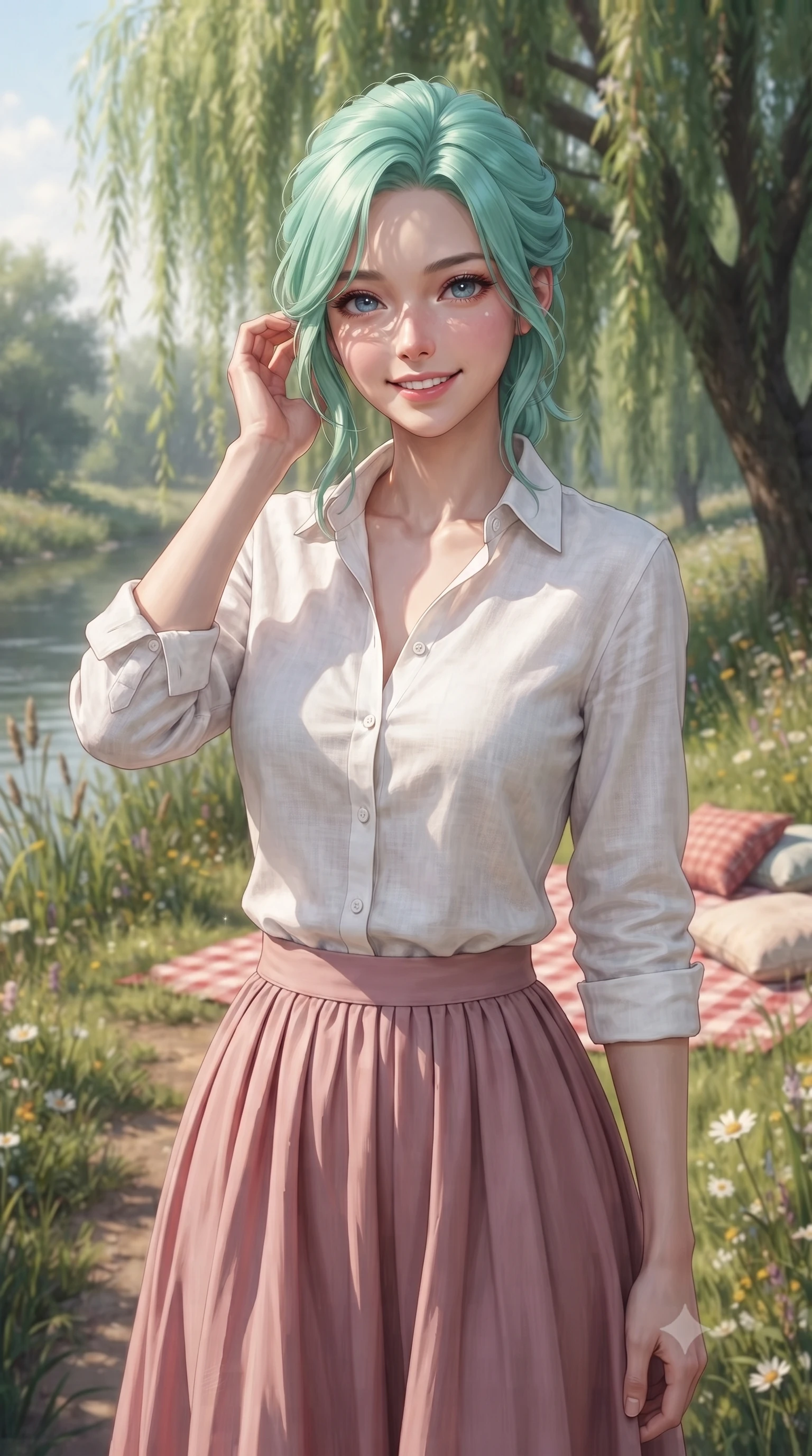 score_9, masterpiece, best quality, ultra-detailed, high-budget anime keyframe, editorial fashion photography, tasteful artistic composition, Japanese woman. close-up cowboy shot from the waist and thighs up, the character dominates the composition, filling the frame with her large presence, background elements kept in soft focus. smiling cutely while gently brushing a strand of hair behind her ear set against a soft-focus background of along a winding river path lined with reeds and wild river flowers with a red checkered picnic blanket and pillows arranged on the grass. She has an exceptionally elegant, slender, and willowy female figure with an ultra-slim waist, a gracefully sculpted slender torso, and a refined silhouette. sharp v-shaped jawline, high-bridge nose, intricate jewel-like eyes with depth, thick eyelashes, glossy lips with a natural sheen. wearing slim-fit casual linen button-down shirt in white, paired with a flowy pleated skirt in dusty pink. dappled sunlight filtering through the weeping willow leaves onto her face. ultra-reflective glossy finish, specular highlights, metallic sheen, high-contrast stereoscopic depth, volumetric dynamic lighting, 2k, ultra detail, master piece, 9:16 ratio