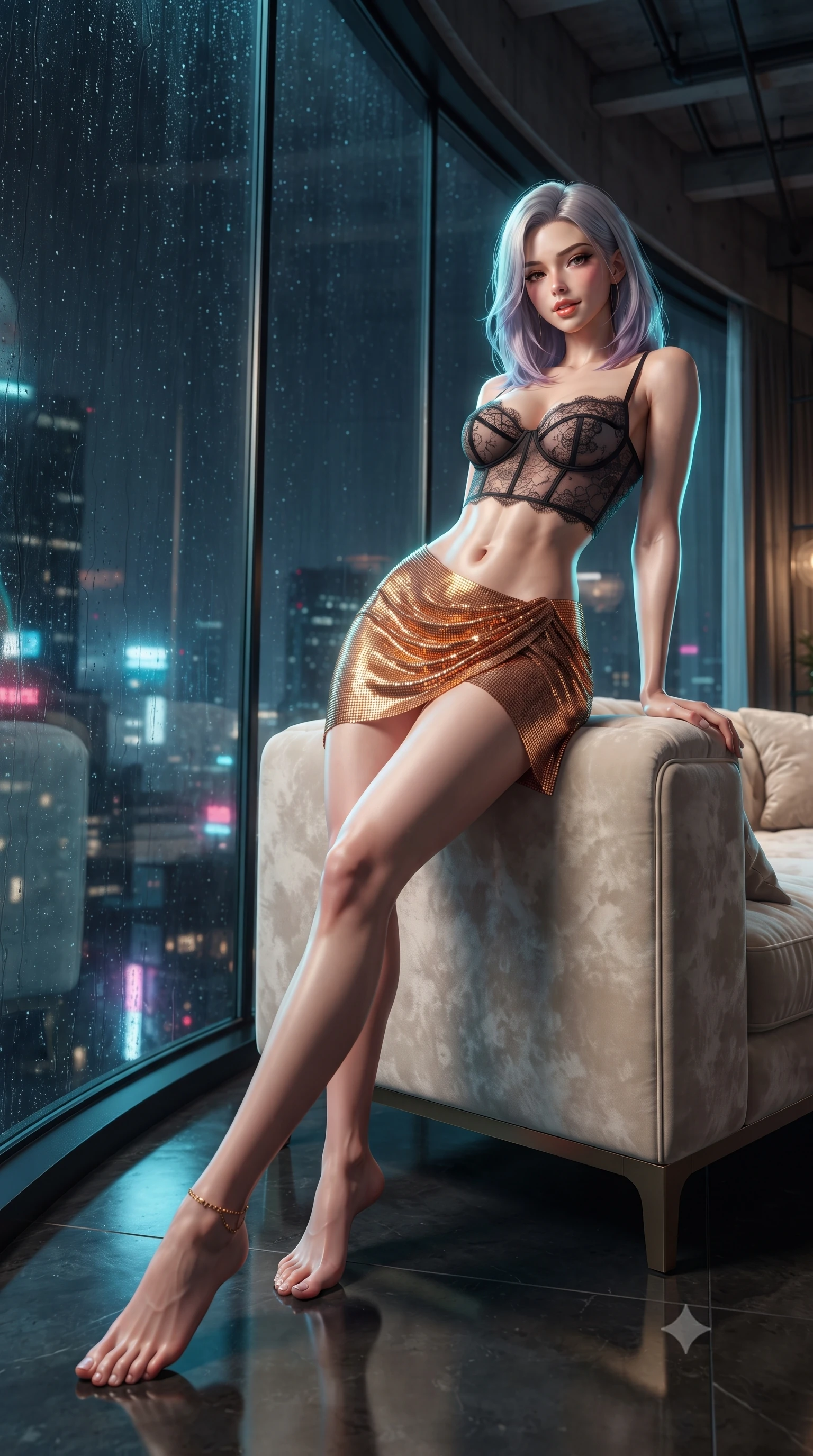score_9, masterpiece, best quality, ultra-detailed, high-budget anime keyframe, editorial fashion photography, tasteful artistic composition, Caucasian woman. low angle full-body shot from head to toe showing her feet, filling the entire 9:16 vertical frame with her statuesque presence, stretching her vertical silhouette. lounging on the lavish daybed with legs crossed and hips angled toward the camera, displaying her toned midriff and long slender limbs with effortless siren poise while leaning against the massive curving floor-to-ceiling glass window with hips cocked back, looking through night rain at the neon abyss below. The surrounding environment is rendered in vivid detail and crisp panoramic clarity: detailed plunging cowl-neck liquid satin slip cling, gold ankle chain shine, and industrial penthouse architecture in razor-sharp precision. She has an absolutely perfect, statuesque 8.5-heads proportion, an exceptionally tall and slender model-like female figure with impossibly long slender legs, an ultra-slim waist, a flat toned midriff, narrow delicate ribcage, and beautifully sculpted feminine hips creating a graceful, slim hourglass silhouette without any bulky heaviness. sharp v-shaped jawline, high-bridge nose, sparkling eyes with hypnotic seductive depth, thick curled eyelashes, glossy parted lips with a natural dewy peach sheen, alluring bedroom-eyes with an enchanting coquettish smile, exuding magnetic siren charisma and sophisticated glamour, flawlessly proportioned anatomical accuracy, strict slender model proportions, natural body alignment, perfectly sculpted long slender limbs, ultra-slim waistline, clean dynamic posture without body distortion. wearing a sculpted underwire demi-bustier in semi-sheer lace paired with an ultra-short draped tulip skirt in warm amber honey and antique gold leaf, crafted from shimmering fluid chainmail mesh reflecting ambient lights, finished with scalloped eyelash lace trim framing her sweetheart neckline with intimate elegance, the form-contouring silhouette accentuating her sculpted flat midriff, narrow delicate ribcage, and gracefully curvy hips with intoxicating allure. illuminated by polished floor reflections and sharp electric-cyan rim lights sculpting her razor-sharp jawline, narrow waist, and curvy hips. ultra-reflective glossy finish, specular highlights, rich textural contrasts, high-contrast stereoscopic depth, volumetric dynamic lighting, 2k, ultra detail, master piece, 9:16 ratio