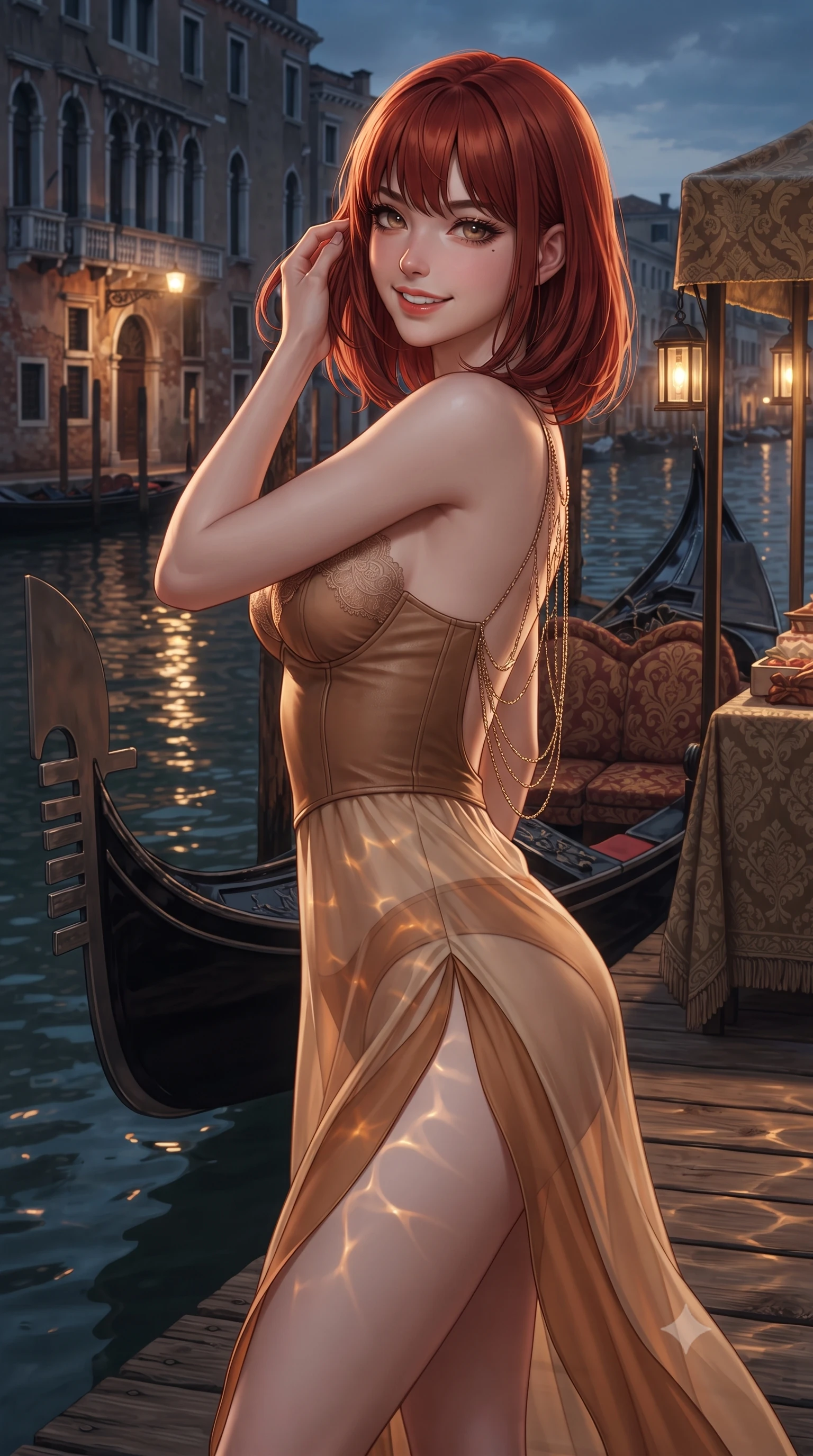score_9, masterpiece, best quality, ultra-detailed, high-budget anime keyframe, editorial fashion photography, tasteful artistic composition, Caucasian woman. close-up cowboy shot from the waist and thighs up, the character dominates the composition, filling the frame with her large presence. gently brushing a lock of hair behind her ear while casting a playful, flirtatious side-gaze with long eyelashes while twisting her slender torso in an alluring contrapposto stance, lantern light reflecting in dark canal waters across her flat midriff. The surrounding environment is rendered in vivid detail and crisp panoramic clarity: sharp carved black wood ferro prow decorations, weathered wood pontoon planks, and woven damask textile patterns in deep focus. She has an exceptionally elegant, slender, and willowy female figure with an ultra-slim waist, flat toned midriff, narrow ribcage, and sculpted feminine hips creating an alluring, slim hourglass silhouette without bulk. sharp v-shaped jawline, high-bridge nose, intricate jewel-like sparkling eyes with depth, thick eyelashes, glossy parted lips with a natural peach sheen, bright cheerful beaming smile with an enchanting and coquettish sensual glint, exuding both youthful cute charm and seductive allure, flawlessly proportioned anatomical accuracy, strict slender model proportions, natural body alignment, perfectly sculpted long slender limbs, ultra-slim waistline, clean dynamic posture without body distortion. wearing an alluring sheer silk chiffon slip with delicate eyelash lace cups and high side leg slits in Beverly Hills honey champagne and warm toasted caramel, woven from buttery-soft stretch lambskin leather adhering to her body like a second skin, accented with an open-back drape framed by falling strands of delicate gold chains, the second-skin tailored fabric adhering flawlessly to her sculpted flat midriff and slender torso, emphasizing her long leg lines and perfectly proportioned willowy build. illuminated by water surface specular bounce and sharp flame-gold rim lights defining her razor-sharp jawline, narrow waist, and curvy hips. ultra-reflective glossy finish, specular highlights, rich textural contrasts, high-contrast stereoscopic depth, volumetric dynamic lighting, 2k, ultra detail, master piece, 9:16 ratio