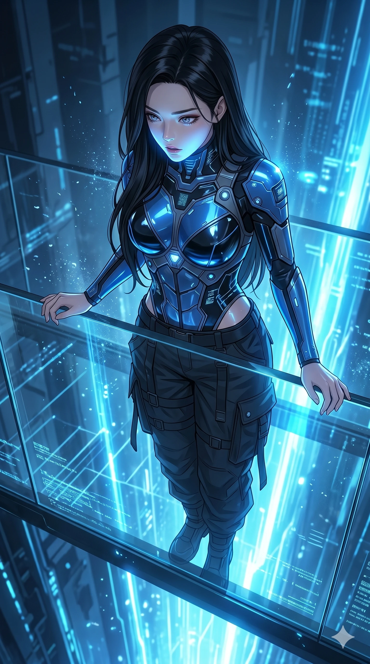 score_9, masterpiece, best quality, ultra-detailed, high-budget anime keyframe, Korean woman. Upper body close-up from the thighs up, character filling the screen for maximum presence. Standing on a glass bridge over a digital chasm, looking down at the glowing data streams with an intense, fascinated look. She is wearing a structured cybernetic bodice with glossy vinyl panels and cargo pants. The scene is illuminated by the bright blue glow of the data streams below. 2k, ultra detail, master piece, 9:16 ratio