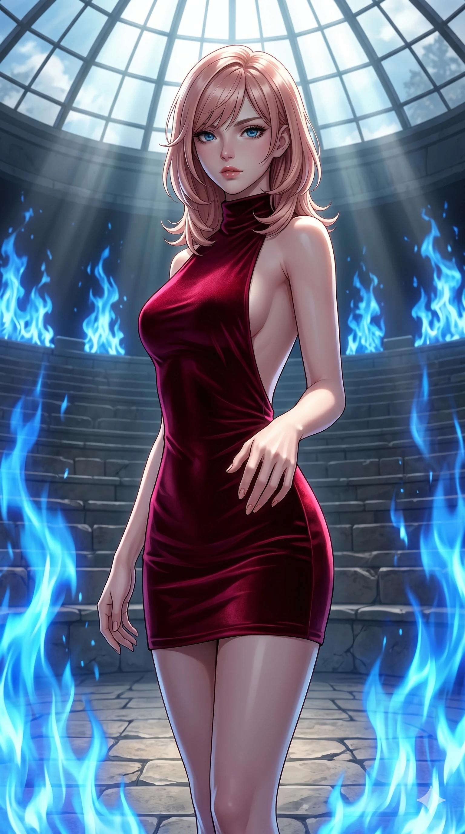 score_9, masterpiece, best quality, ultra-detailed, high-budget anime keyframe, editorial fashion photography, tasteful artistic composition, Japanese woman. cowboy shot from the thighs up, character and outfit filling the frame for maximum editorial presence. Reaching one hand toward the viewer with relaxed elegance at the center of an outdoor stone amphitheater surrounded by towering pillars of blue flame. She has an absolutely perfect 8-heads proportion, an exceptionally tall and slender female figure with impossibly long slender legs and an ultra-slim waist. V-shaped jawline, high-bridge nose, intricate jewel-like eyes with depth, thick eyelashes, glossy lips with a natural sheen. wearing a high-neck mini dress in deep crimson velvet with a dramatically scooped open-back design and a precision-fitted silhouette ending at mid-thigh. drenched in cinematic god-ray sunlight descending from a vaulted glass ceiling, illuminating her form. 2k, ultra detail, master piece, 9:16 ratio
