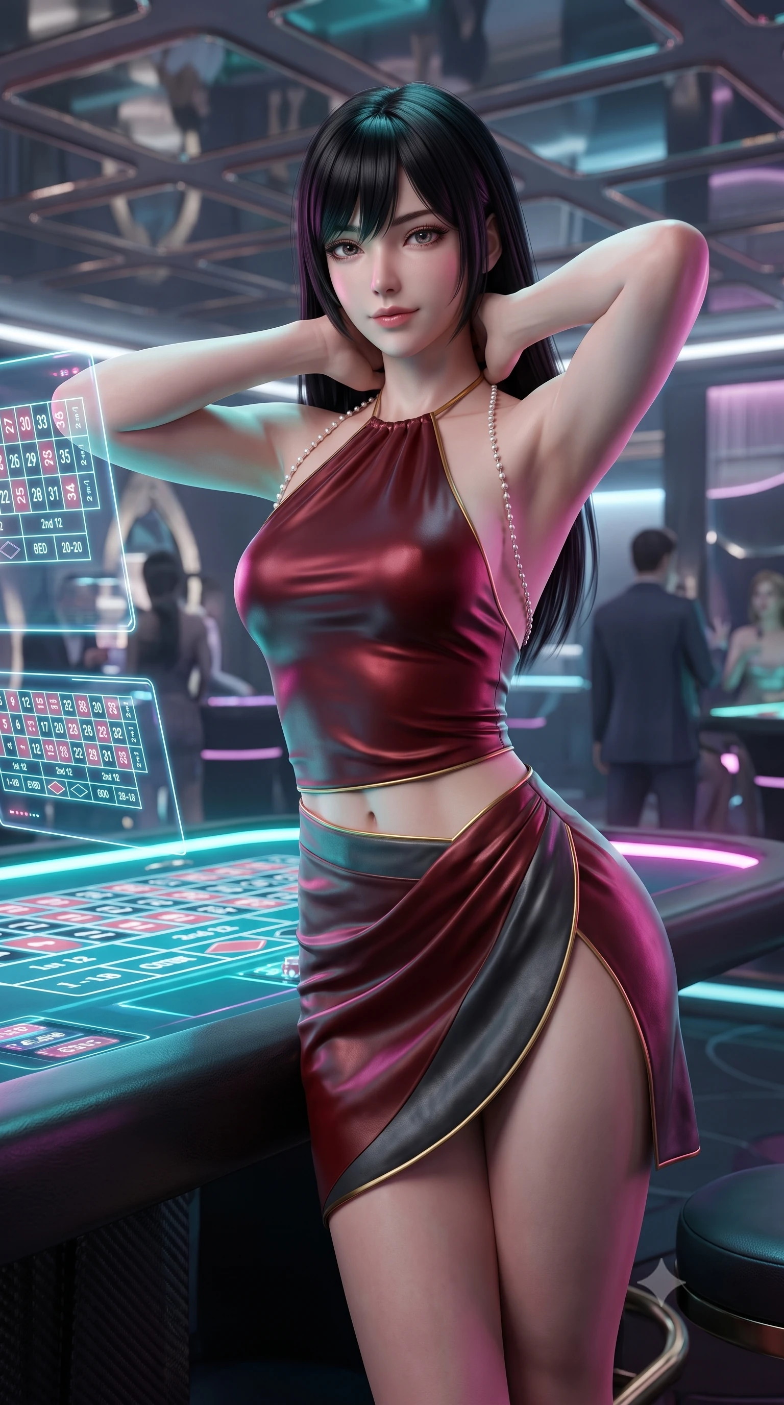 score_9, masterpiece, best quality, ultra-detailed, high-budget anime keyframe, semi-realistic 3D game render, editorial fashion photography, tasteful artistic composition, Caucasian woman. close-up cowboy shot from the waist and thighs up, the character dominates the composition, filling the frame with her large presence. resting both hands lightly behind her neck with elbows raised, arching her spine to highlight her narrow waist, flat midriff, and breathtaking collarbones while leaning over the sleek carbon table edge with hips cocked back, looking through floating neon betting grids with an irresistible bedroom-smile. The background shows a soft-focus mirrored ceiling panels softened in futuristic cyberpunk shallow focus. She has an exceptionally elegant, slender, and willowy female figure with an ultra-slim waist, flat toned midriff, narrow ribcage, and sculpted feminine hips creating an alluring, slim hourglass silhouette without bulk. sharp v-shaped jawline, high-bridge nose, sparkling eyes with hypnotic seductive depth, thick curled eyelashes, glossy parted lips with a natural dewy peach sheen, alluring bedroom-eyes with an enchanting coquettish smile, exuding magnetic siren charisma and sophisticated glamour, flawlessly proportioned anatomical accuracy, strict slender model proportions, natural body alignment, perfectly sculpted long slender limbs, ultra-slim waistline, clean dynamic posture without body distortion. wearing a liquid-tight halterneck silk camisole paired with a curve-hugging wrap sarong mini skirt with high side slit in rich cherry lacquer and smoky charcoal with gold piping, woven from buttery-soft stretch lambskin leather adhering to her body like a second skin, finished with a pearl-drop body harness subtly framing her dewy collarbones and spine, the form-contouring silhouette accentuating her sculpted flat midriff, narrow delicate ribcage, and gracefully curvy hips with intoxicating allure. bathed in vibrant cyan and magenta light radiating directly from embedded table displays. highly saturated vibrant anime colors, detailed shading with soft gradients, rich glossy textures, high-contrast stereoscopic depth, volumetric dynamic lighting, master piece, 9:16 ratio
