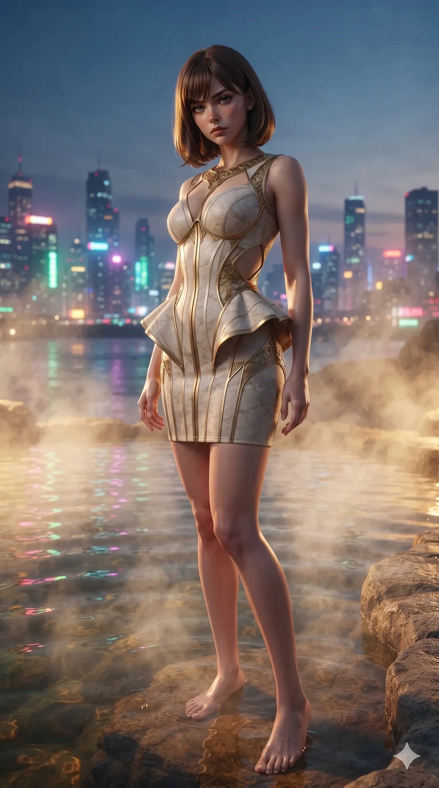 score_9, masterpiece, best quality, ultra-detailed, high-budget anime keyframe, editorial fashion photography, tasteful artistic composition, Caucasian woman. low angle full-body shot from head to toe showing her feet, filling the entire 9:16 vertical frame with her statuesque presence, stretching her vertical silhouette. reclining gracefully across the plush chaise lounge with one leg extended, her sculpted silhouette and flat midriff radiating magnetic nocturnal glamour while standing poised ankle-deep in the steaming mineral water at the pool's edge, arching her lower back with sovereign supermodel grace overlooking the neon metropolis. The background shows a soft-focus mineral steam haze softened in skyline geothermal pool shallow focus. She has an exceptionally tall and slender model-like 8.5-heads proportion, an ultra-slim waist, a flat toned midriff, narrow delicate ribcage, and beautifully sculpted feminine hips creating a graceful, slim hourglass silhouette without any bulky heaviness, with impossibly long slender legs. sharp v-shaped jawline, high-bridge nose, intricate jewel-like sparkling eyes with depth, thick eyelashes, glossy parted lips with a natural sheen, intensely captivating and seductive bedroom-eyes expression, exuding both youthful cute charm and sovereign luxury allure, flawlessly proportioned anatomical accuracy, strict slender model proportions, natural body alignment, perfectly sculpted long slender limbs, ultra-slim waistline, clean dynamic posture without body distortion. wearing a modern peplum corset dress with side-waist diamond cutouts and an ultra-tight silhouette in Istrian stone cream and antique gold-leaf, made of sheer contouring power-mesh with velvet flocking patterns, featuring an open-back criss-cross harness strap in dark leather, the bespoke structured tailoring following the natural line of her 8.5-heads silhouette with refined elegance. bathed in the radiant underwater turquoise glow of the thermal pool mixed with ambient city neon from the surrounding skyline. ultra-reflective glossy finish, specular highlights, rich textural contrasts, high-contrast stereoscopic depth, volumetric dynamic lighting, 2k, ultra detail, master piece, 9:16 ratio