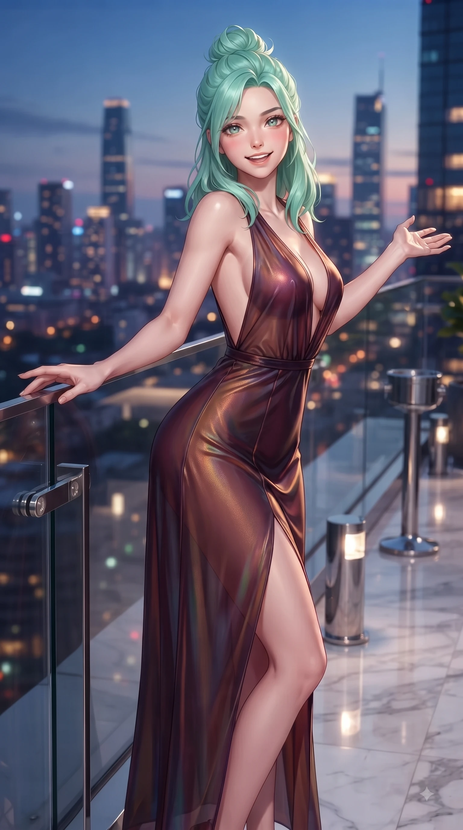 score_9, masterpiece, best quality, ultra-detailed, high-budget anime keyframe, editorial fashion photography, tasteful artistic composition, Japanese woman. close-up cowboy shot from the waist and thighs up, the character dominates the composition, filling the frame with her large presence, background elements kept in soft focus. Fresh enchanting smile, her eyes twinkling like jewels in the bright sunlight as one arm reaches out cheerfully while reaching one hand gracefully toward a glass railing overlooking a vibrant urban skyline, sleek chrome fixtures and polished marble floors reflecting crisp editorial key lights. She has an exceptionally elegant, slender, and willowy female figure with an ultra-slim waist, a gracefully sculpted slender torso, and a refined silhouette. sharp v-shaped jawline, high-bridge nose, intricate jewel-like eyes with depth, thick eyelashes, glossy lips with a natural sheen, flawlessly proportioned anatomical accuracy, natural body alignment, perfectly sculpted elegant limbs, clean dynamic posture without body distortion. wearing a translucent iridescent chiffon gown with a plunging neckline and open back in deep burgundy and bronze, made of premium stretch velvet with a rich sheen, finished with a sleek side slit ascending to mid-thigh, the sleek second-skin texture accentuating her magnetic presence. surrounded by a sophisticated, high-fashion nightlife aura. ultra-reflective glossy finish, specular highlights, metallic sheen, high-contrast stereoscopic depth, volumetric dynamic lighting, 2k, ultra detail, master piece, 9:16 ratio
