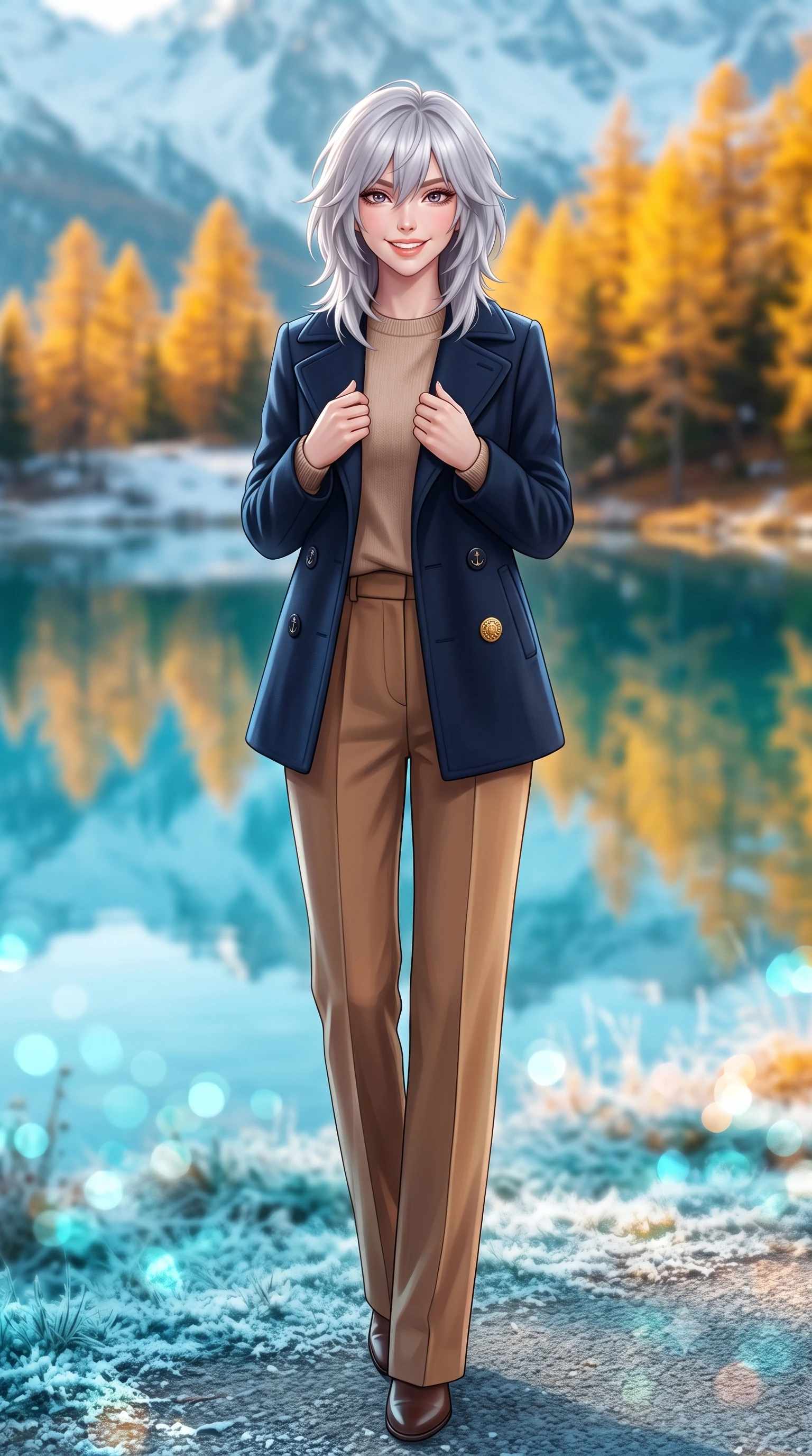 score_9, masterpiece, best quality, ultra-detailed, high-budget anime keyframe, semi-realistic 3D game render, editorial fashion photography, tasteful artistic composition, Japanese woman. low angle full-body shot from head to toe showing her feet, filling the entire 9:16 vertical frame with her statuesque presence, stretching her vertical silhouette. pausing along the promenade and turning back toward the camera with an infectious, delightful smile and perfect posture while pausing beneath a stand of brilliant golden larch trees reflecting in the turquoise water, holding her coat lapels with refined elegance. The background shows a soft-focus mirror-like turquoise lake reflecting snow peaks, blazing golden needle larch trees, and early morning shoreline frost blurred into turquoise, marigold, and frost white bokeh. She has an exceptionally tall and slender model-like 8.5-heads proportion, an ultra-slim waist, a flat toned midriff, narrow delicate ribcage, and beautifully sculpted feminine hips creating a graceful, slim hourglass silhouette without any bulky heaviness, with impossibly long slender legs. sharp v-shaped jawline, high-bridge nose, intricate jewel-like sparkling eyes with depth, thick eyelashes, glossy parted lips with a natural peach sheen, bright cheerful beaming smile with an enchanting and coquettish sensual glint, exuding both youthful cute charm and seductive allure, flawlessly proportioned anatomical accuracy, strict slender model proportions, natural body alignment, perfectly sculpted long slender limbs, ultra-slim waistline, clean dynamic posture without body distortion. wearing a navy tailored wool peacoat with anchor buttons layered over a soft merino wool sweater and pressed pleated slacks in Saint-Germain camel wool and warm espresso, crafted from rich cotton velvet with deep light-absorbing pile and soft gradients, accented with an ornate 24k gold lion-embossed crest button along the front closure, the streamlined silhouette following her natural slender proportions with sophisticated poise, enhancing her tall willowy presence. illuminated by frosted ground bounce and sharp crystalline rim lights defining her features, narrow waist, and statuesque height. highly saturated vibrant anime colors, detailed shading with soft gradients, rich glossy textures, high-contrast stereoscopic depth, volumetric dynamic lighting, master piece, 9:16 ratio