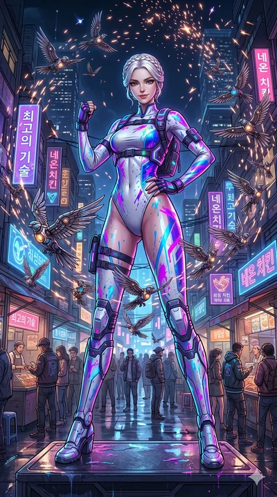 score_9, masterpiece, best quality, ultra-detailed, Set A: High-budget Anime Keyframe, Korean woman. Low angle cowboy shot filling the entire 9:16 frame with her statuesque presence. Standing victoriously through a futuristic night market, surrounded