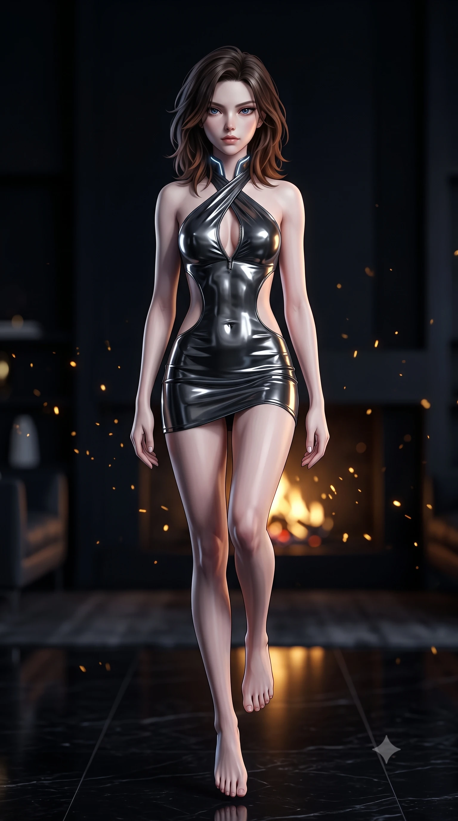 score_9, masterpiece, best quality, ultra-detailed, high-budget anime keyframe, semi-realistic 3D game render, editorial fashion photography, tasteful artistic composition, Korean woman. low angle full-body shot from head to toe showing her feet, filling the entire 9:16 vertical frame with her statuesque presence, stretching her vertical silhouette. performing an alluring mid-air vault with flawless poise, looking directly into the camera with smoldering, predatory intensity while stretching her long slender legs along the polished black granite floor with a slow, smoldering bedroom gaze. The composition keeps background elements in soft focus with creamy bokeh. flickering fireplace embers scattering warm golden light motes across a dark penthouse backdrop. She has an absolutely perfect, statuesque 8.5-heads proportion, an exceptionally tall and slender model-like female figure with impossibly long slender legs, a toned flat midriff, and an ultra-slim waist. sharp v-shaped jawline, high-bridge nose, intricate jewel-like eyes with depth, thick eyelashes, glossy lips with a natural sheen, flawlessly proportioned anatomical accuracy, strict slender model proportions, natural body alignment, perfectly sculpted long slender limbs, ultra-slim waistline, clean dynamic posture without body distortion. wearing a molten gunmetal liquid-metal mini dress featuring deep side-waist cutouts and a daring crossover halter neckline in dark monochrome black and high-contrast pale skin accents, formed from high-gloss patent material with specular chiaroscuro reflections, featuring a dangerously unzipped neckline framed by subtle glowing cybernetic accents, the form-contouring material adhering flawlessly to her sculpted flat midriff and slender torso, emphasizing her long leg lines and perfectly proportioned willowy build. surrounded by an ultra-luxurious, dangerous, and intoxicatingly seductive midnight noir aura. rich saturated anime colors with deep moody shadows, detailed chiaroscuro shading with soft gradients, rich glossy textures, high-contrast stereoscopic depth, volumetric dynamic shadow lighting, master piece, 9:16 ratio