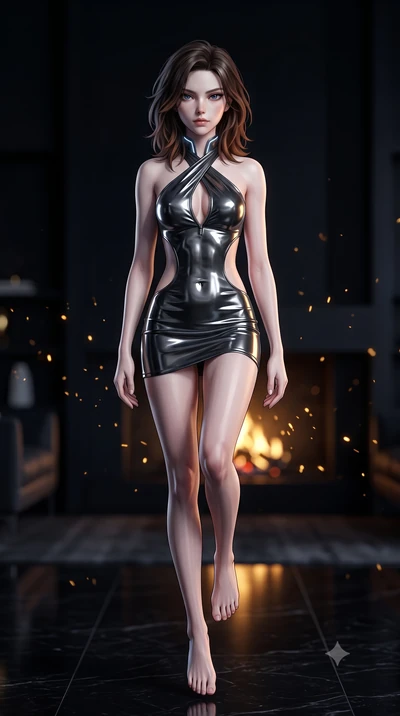 score_9, masterpiece, best quality, ultra-detailed, high-budget anime keyframe, semi-realistic 3D game render, editorial fashion photography, tasteful artistic composition, Korean woman. low angle full-body shot from head to toe showing her feet, fil