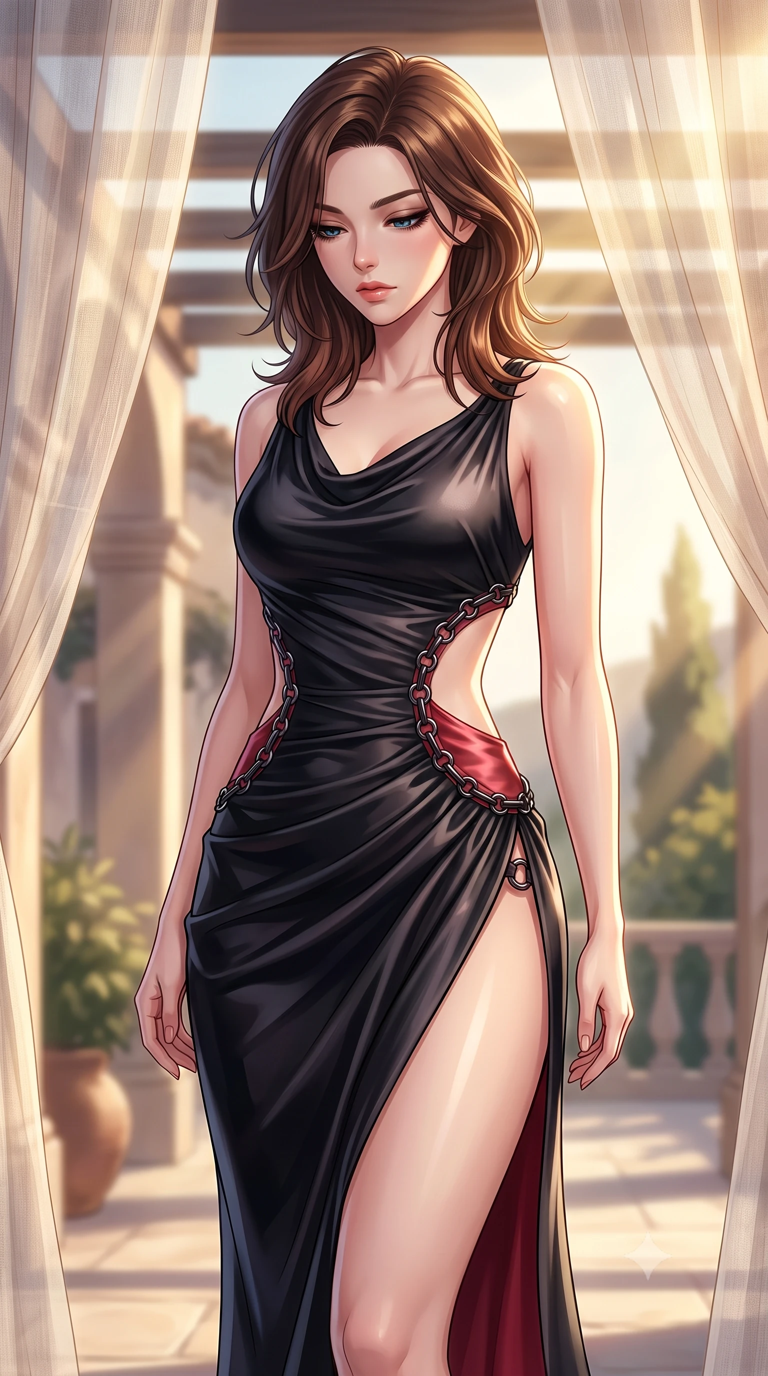 score_9, masterpiece, best quality, ultra-detailed, high-budget anime keyframe, editorial fashion photography, tasteful artistic composition, Korean woman. close-up cowboy shot from the waist and thighs up, the character dominates the composition, filling the frame with her large presence, background elements kept in soft focus. Looking down with lowered lashes and a composed, powerful dark aura, poised beneath a sheer linen pergola as golden-hour sunbeams flood the terrace, effortless European resort luxury aesthetic. She has an exceptionally elegant, slender, and willowy female figure with an ultra-slim waist, a gracefully sculpted slender torso, and a refined silhouette. sharp v-shaped jawline, high-bridge nose, intricate jewel-like eyes with depth, thick eyelashes, glossy lips with a natural sheen. wearing draped obsidian silk gown featuring tasteful waist slit cutouts in dark mahogany, made of soft crimson satin, trimmed with dark chrome ring hardware along the waist contours, highlighting her statuesque proportions and ultra-slim waistline. lit by clear golden key rays casting soft graceful shadows. highly saturated vibrant anime colors, detailed shading with soft gradients, rich glossy textures, high-contrast stereoscopic depth, volumetric dynamic lighting, master piece, 9:16 ratio