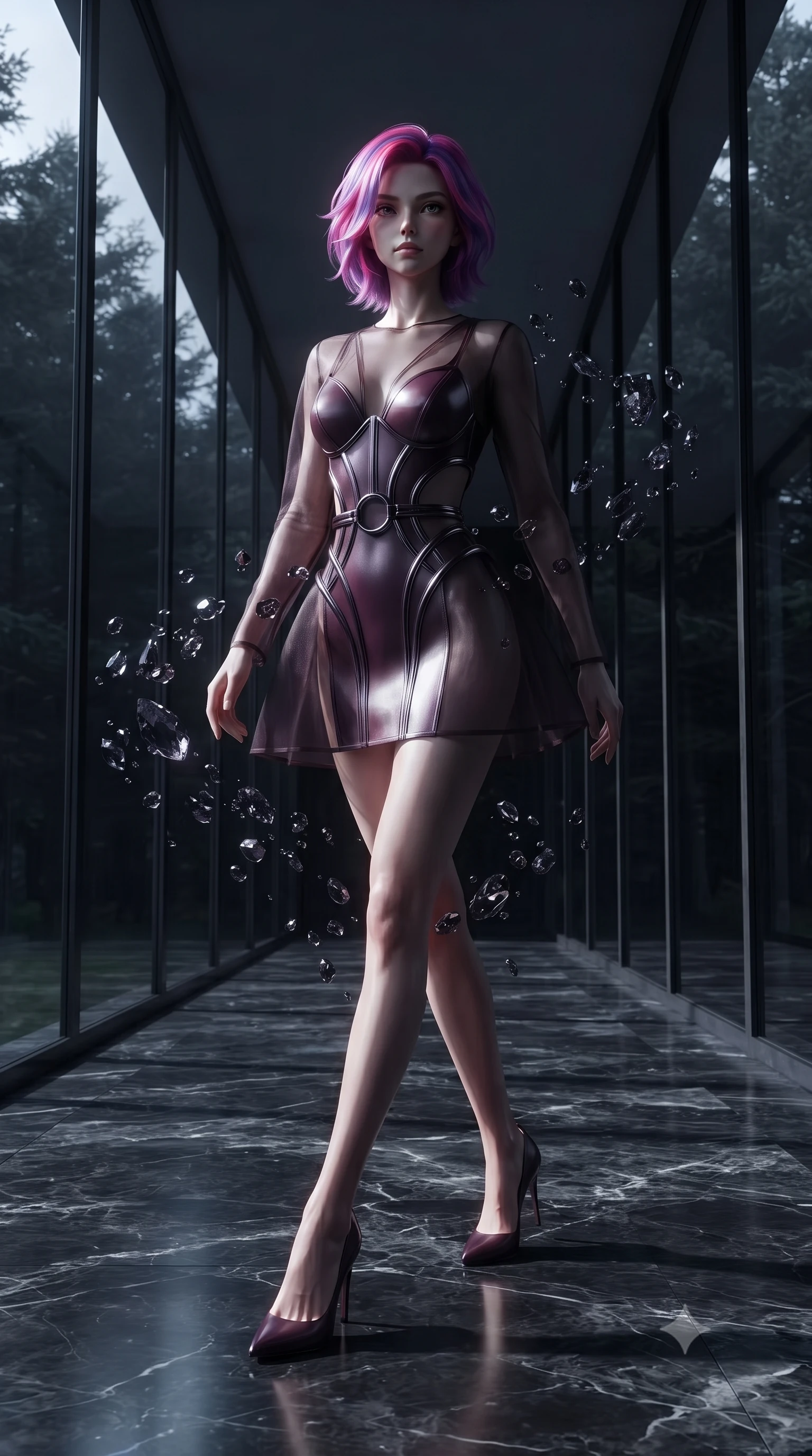 score_9, masterpiece, best quality, ultra-detailed, high-budget anime keyframe, editorial fashion photography, tasteful artistic composition, Caucasian woman. low angle full-body shot from head to toe showing her feet, filling the entire 9:16 vertical frame with her statuesque presence, stretching her vertical silhouette. interacting with floating dark crystal particles, her long slender legs poised in motion, walking along a dark marble colonnade flooded with cold silver moonbeams, pitch-black forest trees looming silently outside the glass walls. She has an absolutely perfect, statuesque 8.5-heads proportion, an exceptionally tall and slender model-like female figure with impossibly long slender legs and an ultra-slim waist. sharp v-shaped jawline, high-bridge nose, intricate jewel-like eyes with depth, thick eyelashes, glossy lips with a natural sheen. wearing architectural cut-out dark leather mini dress with sculpted metallic boning in dark plum violet, made of sheer dark organza overlay, trimmed with dark chrome ring hardware along the waist contours, accentuating her gracefully sculpted slender torso. lit by intense moonbeam key light defining her refined silhouette. ultra-reflective glossy finish, specular highlights, metallic sheen, high-contrast stereoscopic depth, volumetric dynamic lighting, 2k, ultra detail, master piece, 9:16 ratio