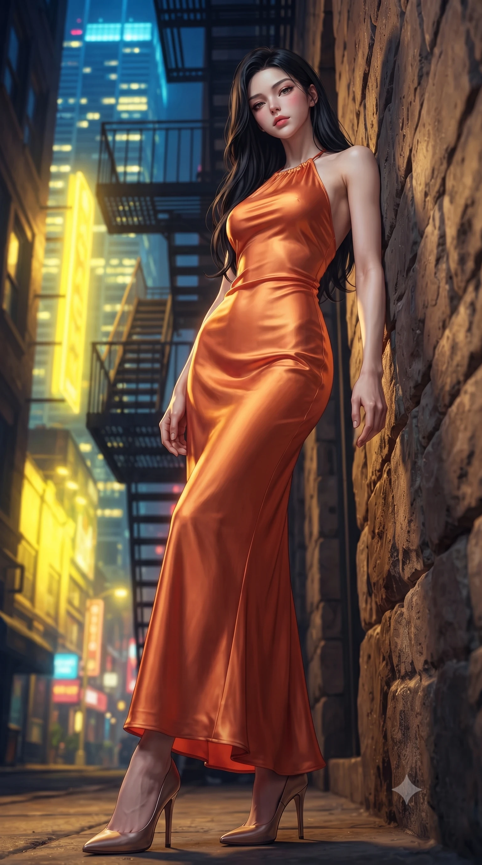 score_9, masterpiece, best quality, ultra-detailed, high-budget anime keyframe, editorial fashion photography, tasteful artistic composition, Korean woman. low angle full-body shot from head to toe showing her feet, filling the entire 9:16 vertical frame with her statuesque presence, stretching her vertical silhouette. leaning back against a rustic stone wall, casting a slow, alluring gaze at the camera the background shows a soft-focus a narrow fire escape stairs attached to a towering neon skyscraper. She has an absolutely perfect, statuesque 8.5-heads proportion, an exceptionally tall and slender model-like female figure with impossibly long slender legs and an ultra-slim waist. sharp v-shaped jawline, high-bridge nose, intricate jewel-like eyes with depth, thick eyelashes, glossy lips with a natural sheen. wearing a form-contouring form-fitting liquid silk halter-neck maxi dress in sunset orange, draped elegantly to highlight her slender frame. intense yellow and blue ambient glow from the massive advertisements across the street. ultra-reflective glossy finish, specular highlights, metallic sheen, high-contrast stereoscopic depth, volumetric dynamic lighting, 2k, ultra detail, master piece, 9:16 ratio