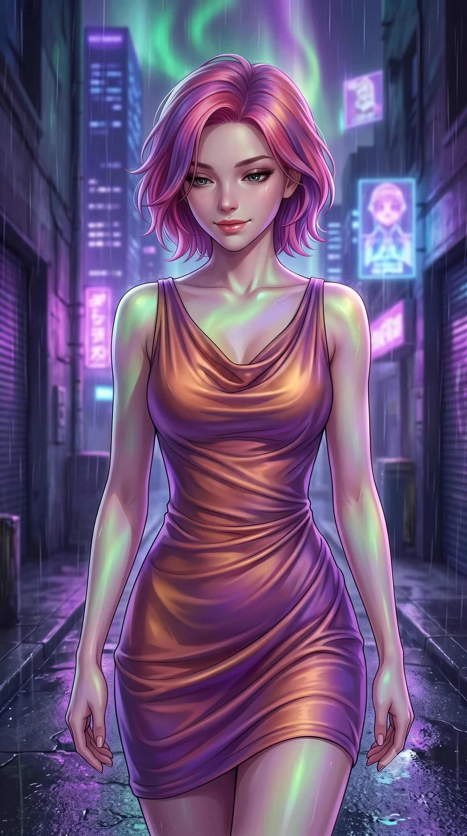 score_9, masterpiece, best quality, ultra-detailed, high-budget anime keyframe, editorial fashion photography, tasteful artistic composition, Caucasian woman, strictly human ears. close-up cowboy shot from the waist and thighs up, the character dominates the composition, filling the frame with her large presence, background elements kept in soft focus. Looking down with a gentle, thoughtful smile full of quiet warmth. set against a soft-focus background of in a narrow alleyway at night during a rainstorm, with wet concrete reflecting the purple neon of nearby skyscrapers and floating holographic ads. She has an exceptionally elegant, slender, and willowy female figure with a highly-defined ultra-slim waist, a gracefully sculpted slender torso, and a refined slim-fit silhouette that contours her form. sharp v-shaped jawline, high-bridge nose, intricate jewel-like eyes with depth, thick eyelashes, glossy lips with a natural sheen. wearing a draped jersey dress in a shifting copper and violet gradient, the fluid fabric clinging to her slender waist with every movement. illuminated by a shifting aurora palette of green violet and gold from above. 2k, ultra detail, master piece, 9:16 ratio