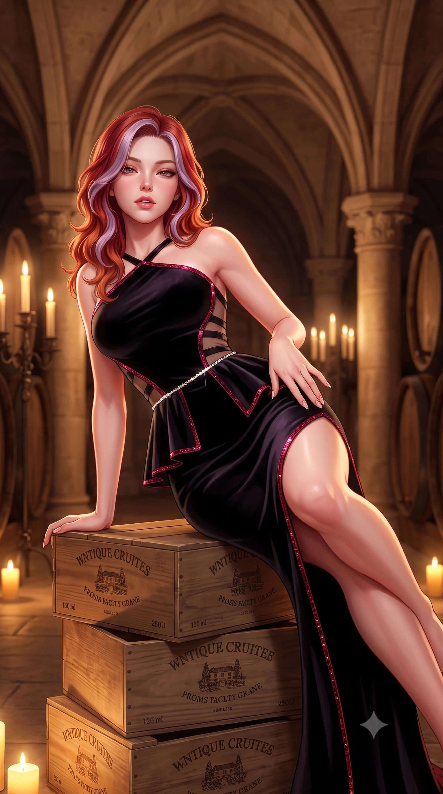score_9, masterpiece, best quality, ultra-detailed, high-budget anime keyframe, semi-realistic 3D game render, editorial fashion photography, tasteful artistic composition, Caucasian woman. close-up cowboy shot from the waist and thighs up, the character dominates the composition, filling the frame with her large presence. resting one manicured hand delicately on her hip bone, her upper body turning in a fluid, seductive S-curve while parted lips glisten in the light while reclining languidly atop stacked antique wine crates propped on one elbow, her curvy hips and long slender legs creating a breathtaking line in the candlelit cellar. The composition keeps background elements in soft focus with creamy bokeh. towering carved limestone vaults and heavy oak cask silhouettes softened in atmospheric shallow focus. She has an exceptionally elegant, slender, and willowy female figure with an ultra-slim waist, a gracefully sculpted slender torso, toned flat midriff, and rounded feminine hips creating an alluring hourglass silhouette. sharp v-shaped jawline, high-bridge nose, intricate jewel-like eyes with depth, thick eyelashes, glossy parted lips with a natural sheen, intensely captivating and seductive bedroom-eyes expression, flawlessly proportioned anatomical accuracy, strict slender model proportions, natural body alignment, perfectly sculpted long slender limbs, ultra-slim waistline, clean dynamic posture without body distortion. wearing a structural geometric peplum gown with sheer side-ribbon cutouts and form-fitting skirt in high-contrast black velvet and ruby crystal trim, crafted from heavyweight crushed silk velvet with liquid vintage luster, accented with a dainty diamond waist chain catching the cellar candlelight, the liquid-tight tailored fabric clinging flawlessly to her narrow waist and rounded feminine hips, emphasizing every millimeter of her sculpted hourglass curves during movement. bathed in warm flickering candlelight from antique candelabras and soft amber floor uplights. highly saturated vibrant anime colors, detailed shading with soft gradients, rich glossy textures, high-contrast stereoscopic depth, volumetric dynamic lighting, master piece, 9:16 ratio