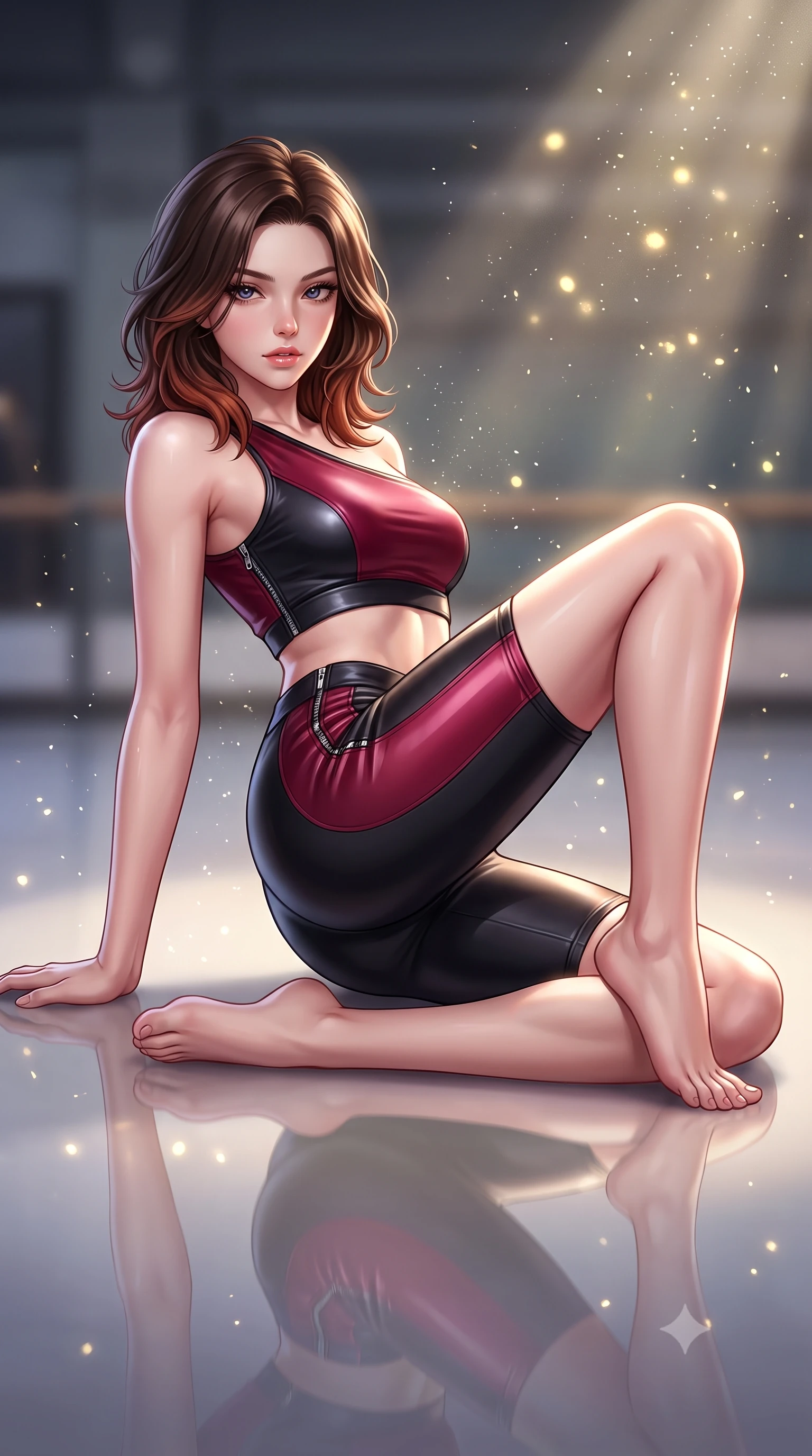 score_9, masterpiece, best quality, ultra-detailed, high-budget anime keyframe, semi-realistic 3D game render, editorial fashion photography, tasteful artistic composition, Korean woman. low angle full-body shot from head to toe showing her feet, filling the entire 9:16 vertical frame with her statuesque presence, stretching her vertical silhouette. reclining on her side in an elegant Cleopatra pose with one knee drawn up, the dramatic contour of her rounded hips and long slender legs commanding the 9:16 vertical frame while crouching in a low, balanced dancer plié on the reflective floor, her athletic feminine curves and toned hips creating a breathtaking line. The composition keeps background elements in soft focus with creamy bokeh. floating micro-chalk particles and spotlight beams scattering luminous golden light motes. She has an absolutely perfect, statuesque 8.5-heads proportion, an exceptionally tall and slender model-like female figure with impossibly long slender legs, a toned flat midriff, an ultra-slim waist, and beautifully sculpted feminine hips. sharp v-shaped jawline, high-bridge nose, intricate jewel-like eyes with depth, thick eyelashes, glossy parted lips with a natural sheen, intensely captivating and seductive bedroom-eyes expression, flawlessly proportioned anatomical accuracy, strict slender model proportions, natural body alignment, perfectly sculpted long slender limbs, ultra-slim waistline, clean dynamic posture without body distortion. wearing a sporty asymmetrical crop tank paired with seamless contouring biker shorts in crimson wine red and matte black, crafted from second-skin aerodynamic stretch vinyl with specular sheen, finished with metallic zipper detailing along the spine and hips, the glove-like aerodynamic silhouette tightly following the natural contour of her hips and long slender legs with statuesque precision. surrounded by a disciplined, sensual, and exquisitely graceful haute-couture dancer aura. highly saturated vibrant anime colors, detailed shading with soft gradients, rich glossy textures, high-contrast stereoscopic depth, volumetric dynamic lighting, master piece, 9:16 ratio