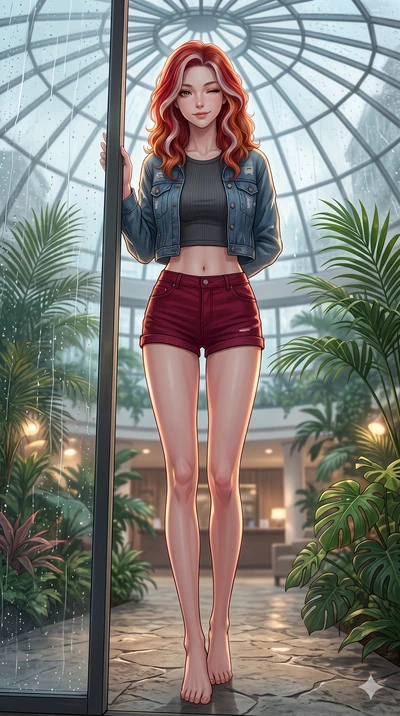 score_9, masterpiece, best quality, ultra-detailed, high-budget anime keyframe, vibrant anime aesthetic, Caucasian woman, strictly human ears. low angle full-body shot from head to toe showing her feet, filling the entire 9:16 vertical frame with her