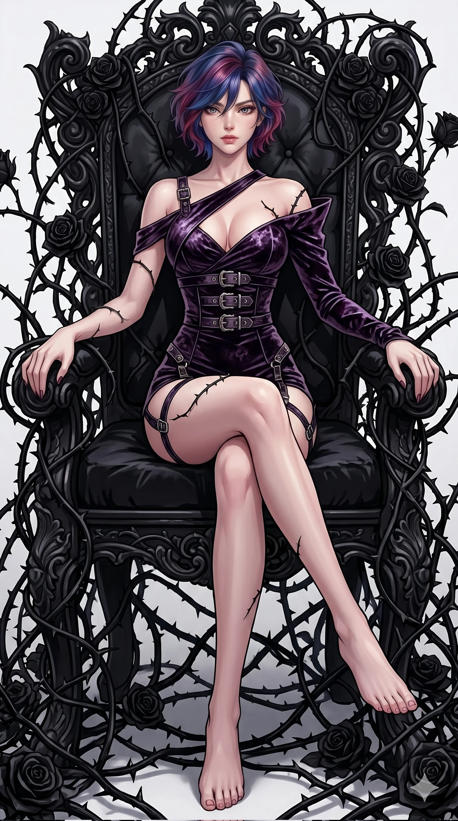 score_9, masterpiece, best quality, ultra-detailed, High-budget Anime Keyframe, East Asian woman. Dynamic full-body shot stretching the vertical silhouette to the limit. Scenario 260: Resting on a throne of black roses, thorns grazing her skin. Her presence is magnetic and overpowering in this high-budget anime scene. Outfit 260: A crushed dark velvet garter with a low-cut shoulder and metallic buckles. The clothing is designed to emphasize her exceptionally tall and slender 8-heads proportion. 8-heads proportion, towering silhouette, ultra-slim waist. sharp v-shaped jawline, intricate jewel-like eyes with depth, thick eyelashes, glossy lips. 2k, ultra detail, master piece, 9:16 ratio