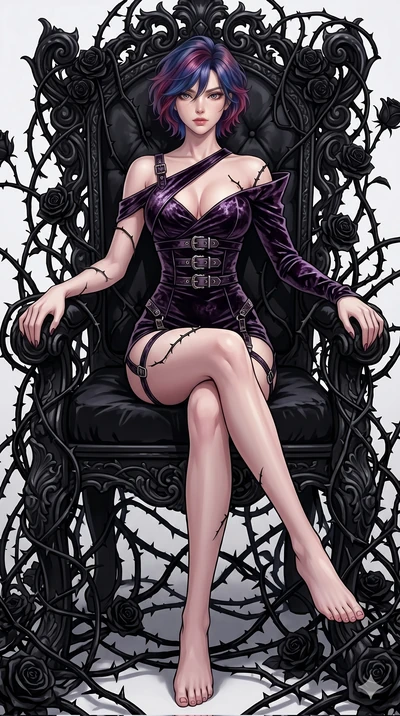 score_9, masterpiece, best quality, ultra-detailed, High-budget Anime Keyframe, East Asian woman. Dynamic full-body shot stretching the vertical silhouette to the limit. Scenario 260: Resting on a throne of black roses, thorns grazing her skin. Her p