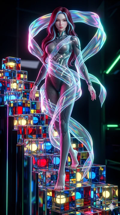 score_9, masterpiece, best quality, ultra-detailed, high-budget anime keyframe, Japanese woman. upper body close-up from the thighs up, character filling the screen for maximum presence. balancing on cubist glass blocks that cascade like a waterfall,