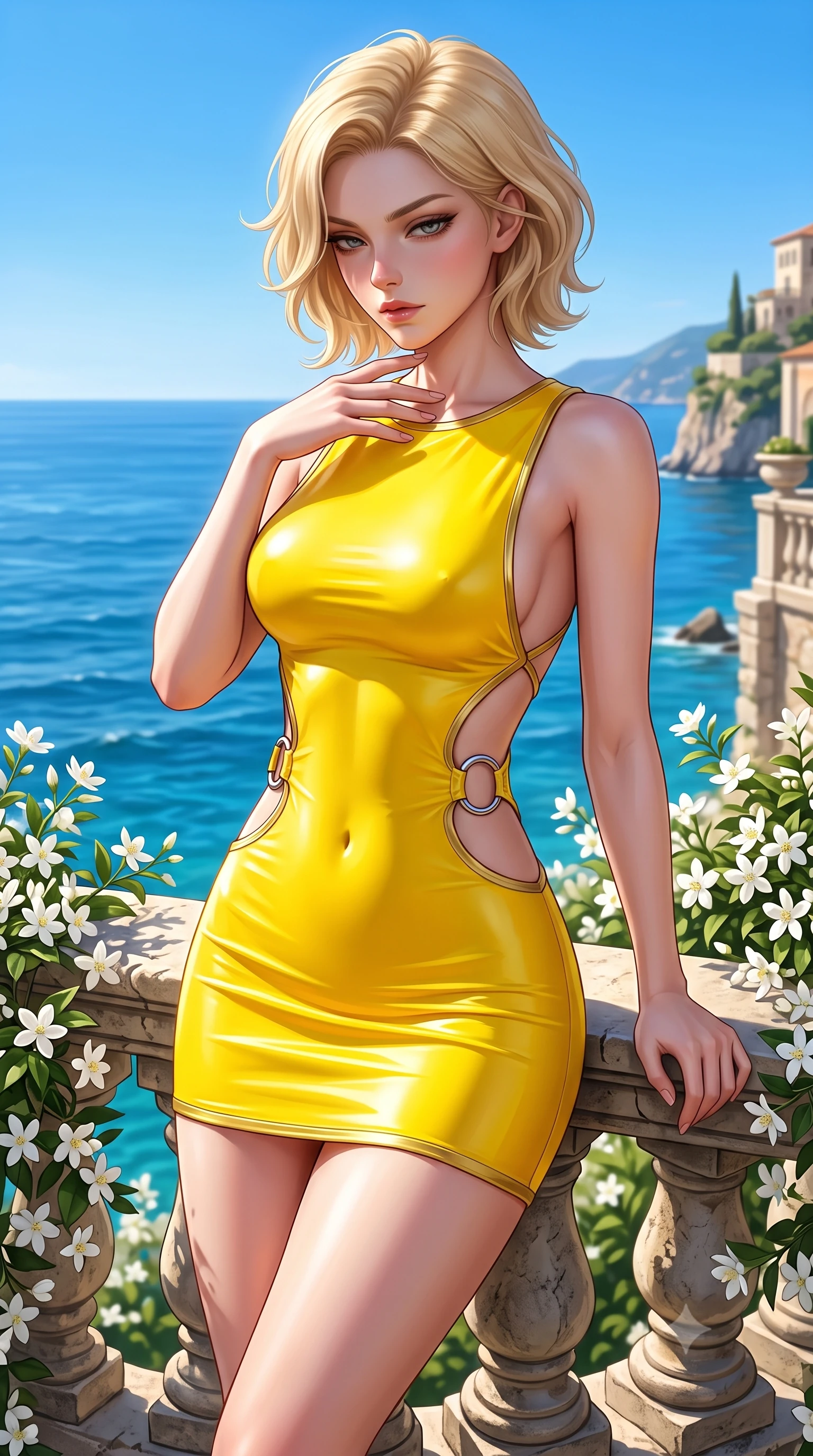 score_9, masterpiece, best quality, ultra-detailed, high-budget anime keyframe, semi-realistic 3D game render, editorial fashion photography, tasteful artistic composition, Caucasian woman. close-up cowboy shot from the waist and thighs up, the character dominates the composition, filling the frame with her large presence. resting her fingers lightly against her throat while looking down with a smoldering, haughty yet intensely captivating glance while leaning against an antique stone balustrade draped in fragrant jasmine flowers as afternoon breezes flutter her dress. The surrounding environment is rendered in vivid detail and crisp panoramic clarity. sharp sapphire sea waves, coastal cliff architecture, and bright blue sky in high clarity. She has an exceptionally elegant, slender, and willowy female figure with an ultra-slim waist, a gracefully sculpted slender torso, toned flat midriff, and a refined slim silhouette. sharp v-shaped jawline, high-bridge nose, intricate jewel-like eyes with depth, thick eyelashes, glossy lips with a natural sheen, flawlessly proportioned anatomical accuracy, strict slender model proportions, natural body alignment, perfectly sculpted long slender limbs, ultra-slim waistline, clean dynamic posture without body distortion. wearing a second-skin fashion-latex mini dress with a clean architectural front, featuring an open-back design that wraps around the sides of her waist, showcasing her slender silhouette in vibrant sunburst canary yellow and gold trim, made of liquid metal jersey that clings flawlessly to every contour of her build, detailed with polished silver rings connecting the daring side-waist cutouts, the form-contouring material adhering flawlessly to her sculpted flat midriff and slender torso, emphasizing her long leg lines and perfectly proportioned willowy build. surrounded by a romantic, fresh, and captivatingly luxurious Mediterranean palace aura. highly saturated vibrant anime colors, detailed shading with soft gradients, rich glossy textures, high-contrast stereoscopic depth, volumetric dynamic lighting, master piece, 9:16 ratio