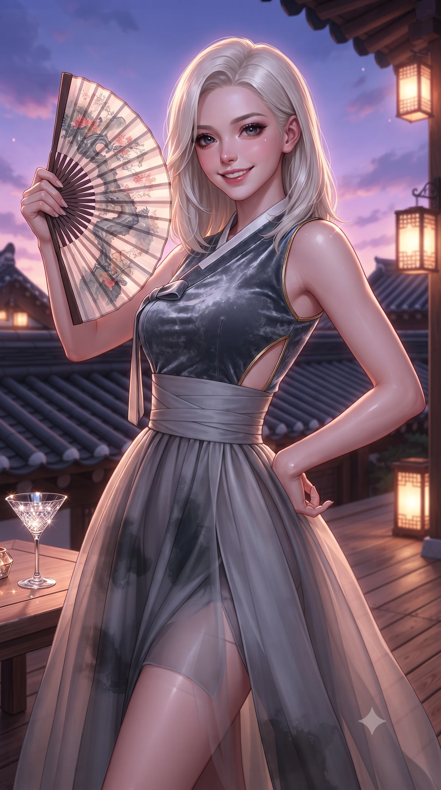 score_9, masterpiece, best quality, ultra-detailed, high-budget anime keyframe, editorial fashion photography, tasteful artistic composition, Caucasian woman. close-up cowboy shot from the waist and thighs up, the character dominates the composition, filling the frame with her large presence. playfully unfurling a painted silk fan toward the lens, her radiant smile capturing fresh girlhood charm while her arched torso reveals an intoxicating hip contour while standing poised on the open timber rooftop terrace overlooking sweeping waves of tiled hanok roofs, arching her back with high-fashion supermodel glamour. The surrounding environment is rendered in vivid detail and crisp panoramic clarity: sharp traditional clay roof tile patterns, timber floorboard grain, and crystal cocktail glass clarity in deep focus. She has an exceptionally elegant, slender, and willowy female figure with an ultra-slim waist, flat toned midriff, narrow ribcage, and sculpted feminine hips creating an alluring, slim hourglass silhouette without bulk. sharp v-shaped jawline, high-bridge nose, intricate jewel-like dark sparkling almond eyes with depth, thick lashes, glossy parted lips with a natural rose-plum sheen, bright alluring and coquettish smile with bedroom-eyes, exuding both timeless oriental elegance and sovereign high-fashion allure, flawlessly proportioned anatomical accuracy, strict slender model proportions, natural body alignment, perfectly sculpted long slender limbs, ultra-slim waistline, clean dynamic posture without body distortion. wearing a modern fusion hanbok dress with a structured velvet bodice and cascading sheer ombre organza skirt with front slit in misty ink-wash slate grey and liquid silver, crafted from sumptuous crushed winter velvet with deep light-absorbing plushness, finished with sharp laser-cut side hip slits framed by gold piping, the high-waisted wrap tailoring accentuating her ultra-slim waistline and the enchanting curve of her feminine hips with alluring oriental charm. bathed in glowing violet and rose-gold twilight sky radiance contrasting with warm rooftop lanterns. ultra-reflective glossy finish, specular highlights, rich textural contrasts, high-contrast stereoscopic depth, volumetric dynamic lighting, 2k, ultra detail, master piece, 9:16 ratio