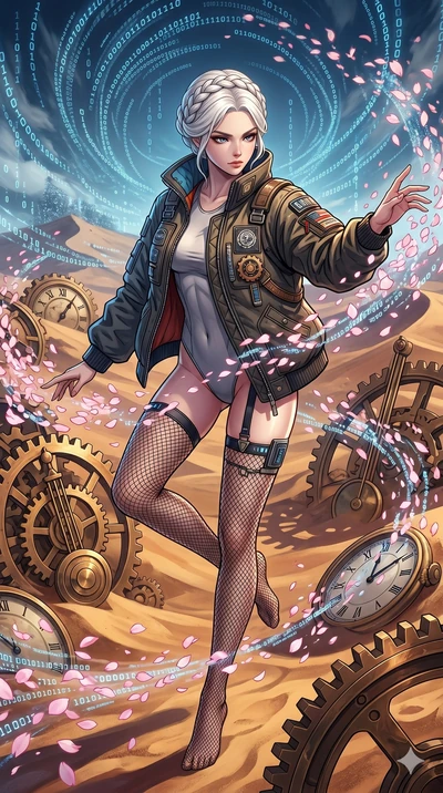 score_9, masterpiece, best quality, ultra-detailed, Set A: High-budget Anime Keyframe, Japanese woman. Upper body close-up from the thighs up, character filling the screen for maximum presence. Dancing through a clockwork desert, while a digital bliz