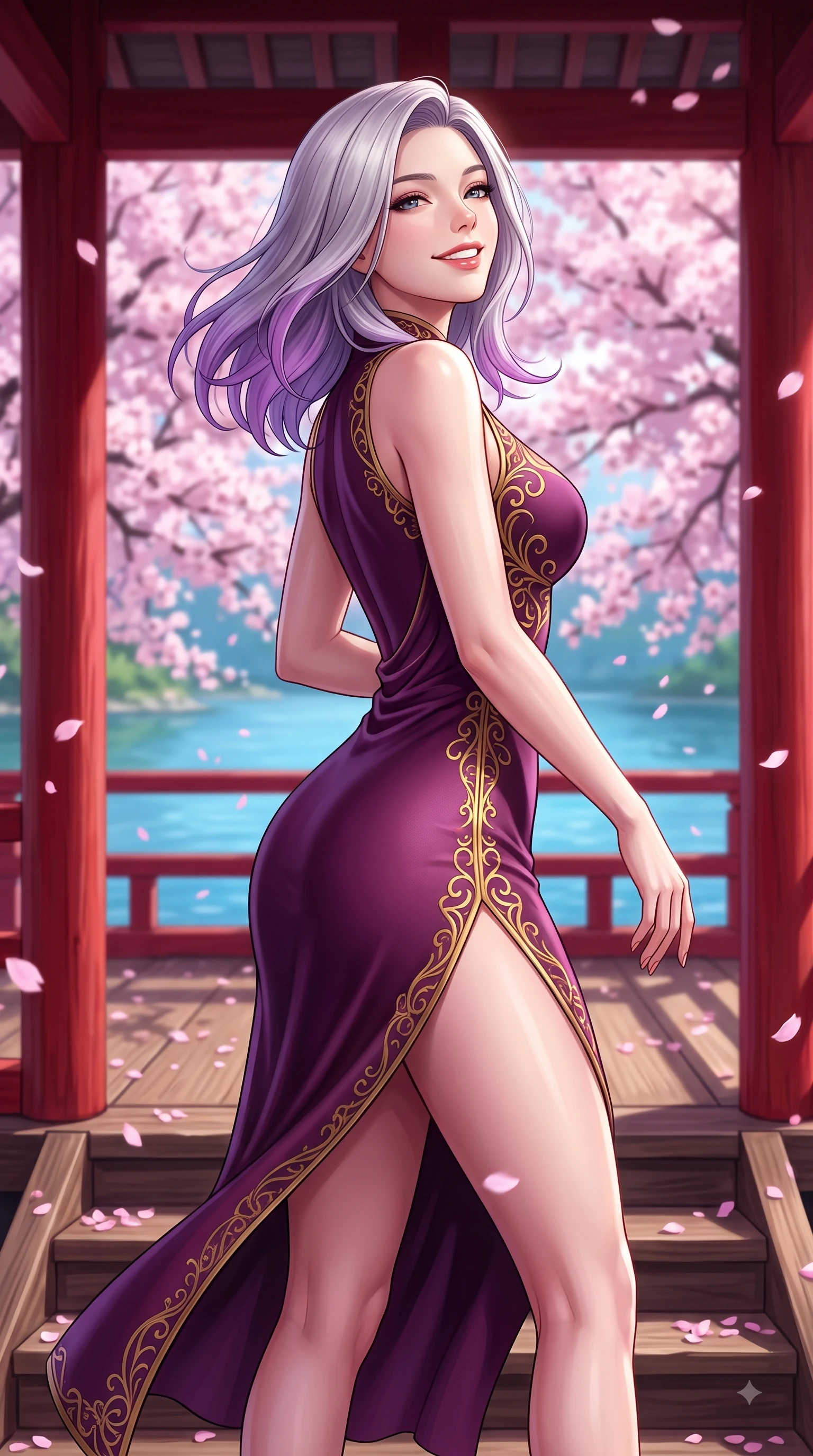 score_9, masterpiece, best quality, ultra-detailed, high-budget anime keyframe, editorial fashion photography, tasteful artistic composition, Caucasian woman. close-up cowboy shot from the waist and thighs up, the character dominates the composition, filling the frame with her large presence, background elements kept in soft focus. Tilting her chin up with a beaming smile of pure delight while balancing dynamically amidst the scene while pivoting gracefully on the steps of a traditional red wooden pavilion with a warm smile, dense canopies of pink cherry blossoms scattering petals across the clear blue lake. She has an exceptionally elegant, slender, and willowy female figure with an ultra-slim waist, a gracefully sculpted slender torso, and a refined silhouette. sharp v-shaped jawline, high-bridge nose, intricate jewel-like eyes with depth, thick eyelashes, glossy lips with a natural sheen, flawlessly proportioned anatomical accuracy, natural body alignment, perfectly sculpted elegant limbs, clean dynamic posture without body distortion. wearing a precision-fitted liquid jersey bodycon dress with a graceful draped back in plum purple and gold filigree, formed from sleek second-skin neoprene, finished with a sleek side slit ascending to mid-thigh, the glove-like fit emphasizing her statuesque silhouette during motion. surrounded by a serene, uplifting spring aura with cheerful highlights. highly saturated vibrant anime colors, detailed shading with soft gradients, rich glossy textures, high-contrast stereoscopic depth, volumetric dynamic lighting, master piece, 9:16 ratio