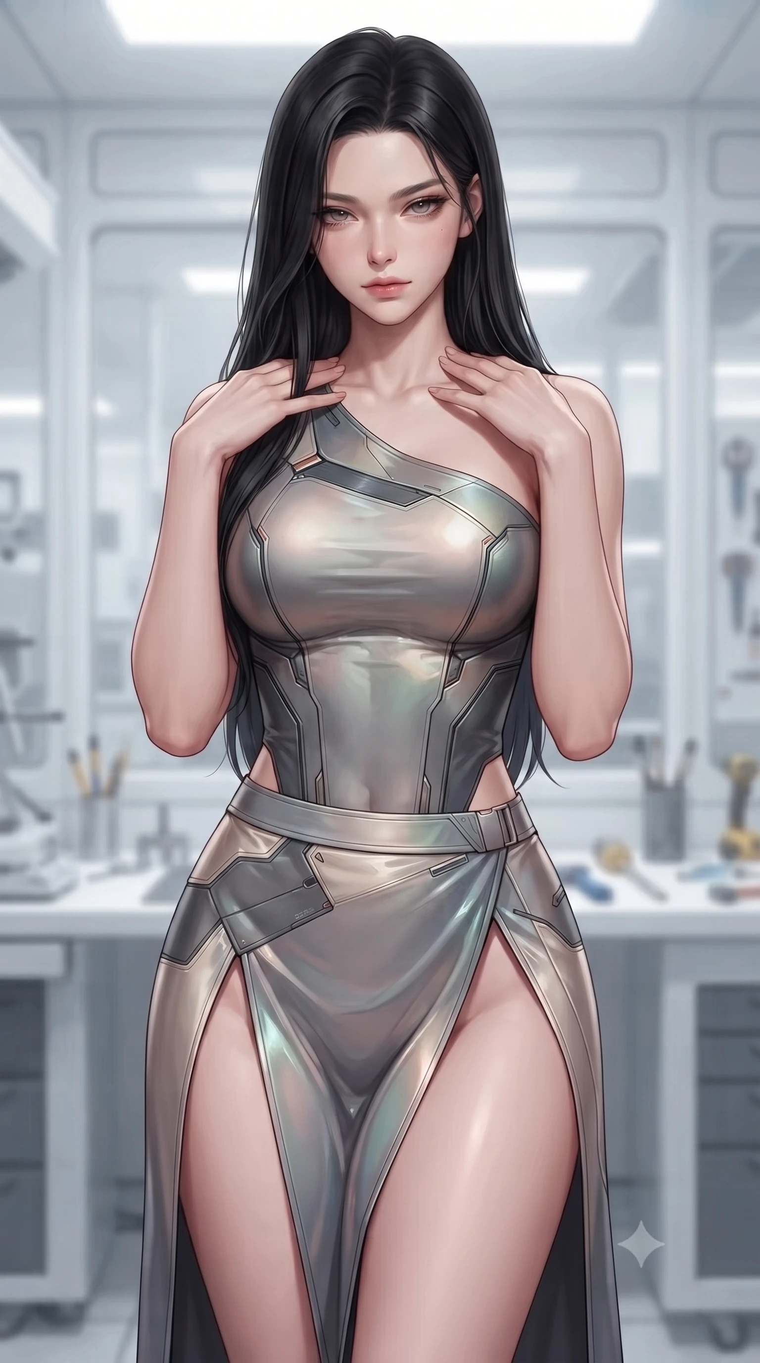 score_9, masterpiece, best quality, ultra-detailed, high-budget anime keyframe, editorial fashion photography, tasteful artistic composition, Korean woman. close-up cowboy shot from the waist and thighs up, the character dominates the composition, filling the frame with her large presence, background elements kept in soft focus. standing in a relaxed, elegant posture with both hands resting lightly on her collarbone, looking at the viewer with bedroom-eyes, the background shows a soft-focus an extraction cleanroom with composite panels, glass windows, and tools. She has an exceptionally elegant, slender, and willowy female figure with an ultra-slim waist, a gracefully sculpted slender torso, and a refined silhouette. sharp v-shaped jawline, high-bridge nose, intricate jewel-like eyes with depth, thick eyelashes, glossy lips with a natural sheen. wearing a body-hugging asymmetric one-shoulder nanotech bodice paired with a daring high-slit tactical utility wrap skirt. crisp, highly-diffused daylight creating a high-key clean glow in the space. ultra-reflective glossy finish, specular highlights, metallic sheen, high-contrast stereoscopic depth, volumetric dynamic lighting, 2k, ultra detail, master piece, 9:16 ratio