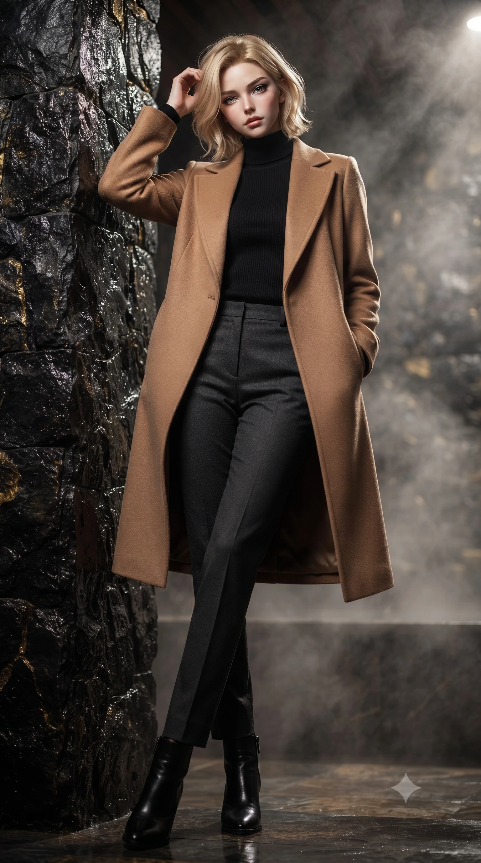 score_9, masterpiece, best quality, ultra-detailed, high-budget anime keyframe, editorial fashion photography, tasteful artistic composition, Caucasian woman. low angle full-body shot from head to toe showing her feet, filling the entire 9:16 vertical frame with her statuesque presence, stretching her vertical silhouette. leaning back against a rustic stone wall, casting a slow, alluring gaze at the camera the background shows a soft-focus a steamy private bath chamber built of dark obsidian stone with gold accents. She has an absolutely perfect, statuesque 8.5-heads proportion, an exceptionally tall and slender model-like female figure with impossibly long slender legs and an ultra-slim waist. sharp v-shaped jawline, high-bridge nose, intricate jewel-like eyes with depth, thick eyelashes, glossy lips with a natural sheen. wearing a tailored warm camel-colored wrap coat over a black turtleneck sweater and charcoal slacks. dramatic chiaroscuro lighting focusing on her athletic, slender build. ultra-reflective glossy finish, specular highlights, metallic sheen, high-contrast stereoscopic depth, volumetric dynamic lighting, 2k, ultra detail, master piece, 9:16 ratio