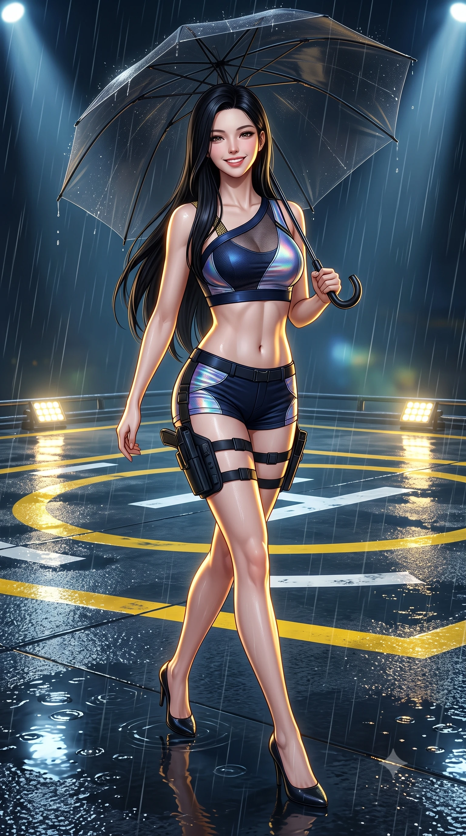 score_9, masterpiece, best quality, ultra-detailed, high-budget anime keyframe, semi-realistic 3D game render, editorial fashion photography, tasteful artistic composition, Korean woman. low angle full-body shot from head to toe showing her feet, filling the entire 9:16 vertical frame with her statuesque presence, stretching her vertical silhouette. striding forward gracefully across the reflective metal deck in mid-motion with a radiant beaming smile, hips swaying in an alluring kinetic rhythm that accentuates her curvy hourglass silhouette and long slender legs while standing poised on the wet reflective helipad under a black transparent umbrella, arching her back with sovereign supermodel poise. The surrounding environment is rendered in vivid detail and crisp panoramic clarity: sharp wet tarmac puddle specular highlights, illuminated yellow helipad markings, and rain streak clarity in deep focus. She has an absolutely perfect, statuesque 8.5-heads proportion, an exceptionally tall and slender model-like female figure with impossibly long slender legs, an ultra-slim waist, a flat toned midriff, narrow delicate ribcage, and beautifully sculpted feminine hips creating a graceful, slim hourglass silhouette without any bulky heaviness. sharp v-shaped jawline, high-bridge nose, intricate jewel-like sparkling eyes with depth, thick eyelashes, glossy parted lips with a natural sheen, bright confident smile with an enchanting and coquettish sensual glint, exuding both youthful magnetic charm and sovereign high-tech allure, flawlessly proportioned anatomical accuracy, strict slender model proportions, natural body alignment, perfectly sculpted long slender limbs, ultra-slim waistline, clean dynamic posture without body distortion. wearing a high-tech mechanic crop top with asymmetric shoulder straps paired with ultra-fitted tactical hot-pants and thigh holsters in midnight navy blue and holographic iridescent shimmer, crafted from sheer technical cyber-lace reinforced with ultra-thin Kevlar threads, finished with criss-cross Kevlar tactical straps tracing her graceful shoulder blades, the form-contouring cut accentuating her sculpted flat midriff, narrow delicate ribcage, and gracefully curvy hips with cybernetic supermodel precision. illuminated by helipad floodlights and sharp golden rim lights defining her sculpted collarbones, ultra-slim waist, and curvy hips. highly saturated vibrant anime colors, detailed shading with soft gradients, rich glossy textures, high-contrast stereoscopic depth, volumetric dynamic lighting, master piece, 9:16 ratio