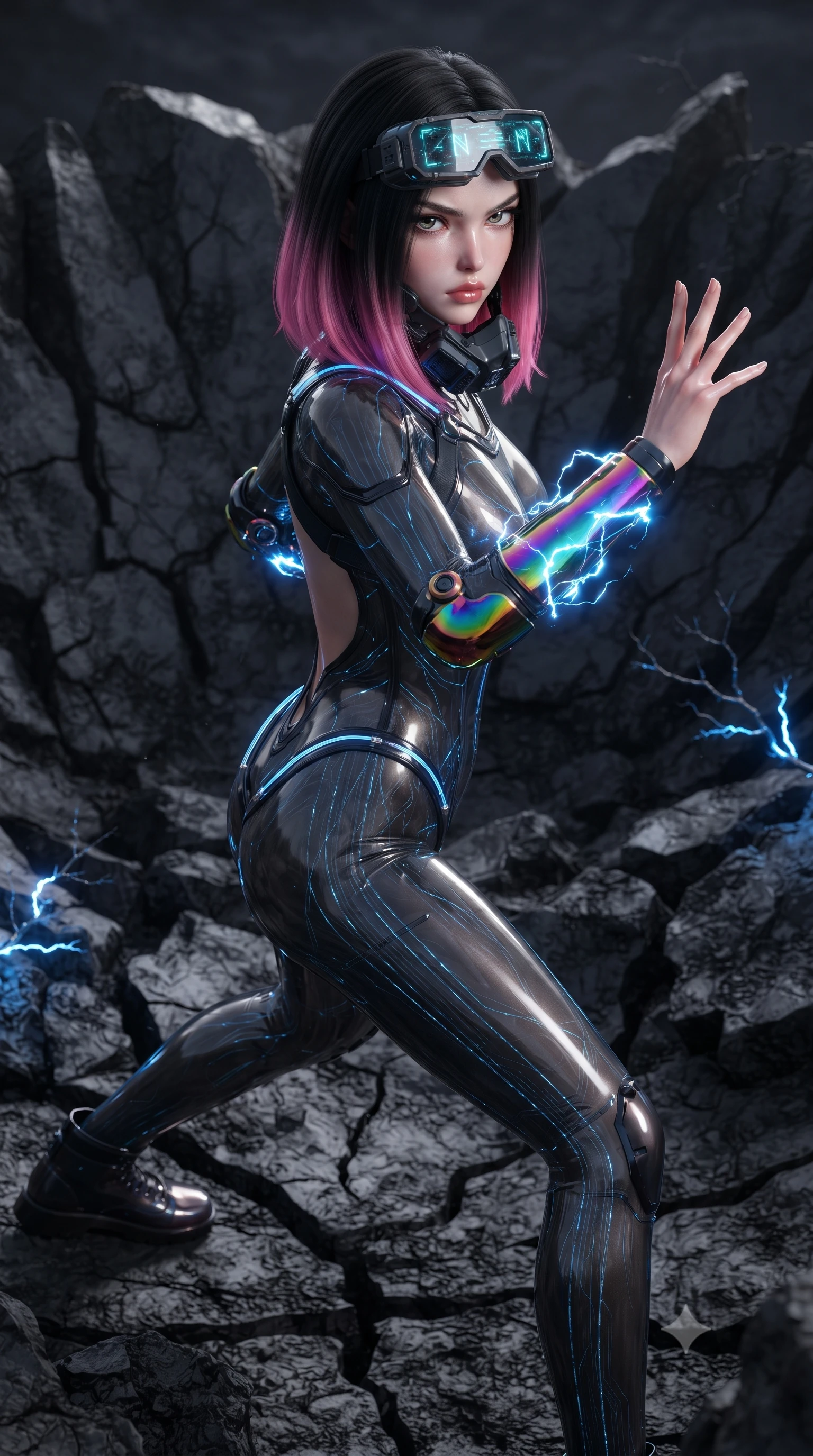 score_9, masterpiece, best quality, ultra-detailed, high-budget anime keyframe, editorial fashion photography, tasteful artistic composition, Korean woman. close-up cowboy shot from the waist and thighs up, the character dominates the composition, filling the frame with her large presence. twisting her upper body in a dynamic S-curve martial arts stance, cybernetic elbow dampers glowing with blue energy as she aims a focused palm strike while stepping forward through the blackened crater with rebreather unlatched on one side, revealing her glossy lips and sharp jawline. The surrounding environment is rendered in vivid detail and crisp panoramic clarity. sharp rebreather metallic mesh, glowing blue electrical discharge branches, and cracked crater rock in deep focus. She has an exceptionally elegant, slender, and willowy female figure with an ultra-slim waist, a gracefully sculpted slender torso, toned flat midriff, and a refined slim silhouette. sharp v-shaped jawline, high-bridge nose, intricate jewel-like eyes with depth, thick eyelashes, glossy lips with a natural sheen, fierce and resolute heroine expression, flawlessly proportioned anatomical accuracy, strict slender model proportions, natural body alignment, perfectly sculpted long slender limbs, ultra-slim waistline, clean dynamic posture without body distortion. wearing high-tech holographic tactical goggles resting tipped up on her forehead, casting glowing neon runes across her brow without obscuring her features, paired with a tailored tactical combat jumpsuit with an open-back harness design, reinforced composite breastplate, and high-mobility elbow dampers in high-gloss iridescent rainbow carbon with scorched titanium plating, crafted from semi-translucent cybernetic carbon-vinyl interwoven with glowing micro-filaments, accented with glowing fiber-optic telemetry conduits tracing her collarbones and hip curves, the form-contouring material adhering flawlessly to her sculpted flat midriff and slender torso, emphasizing her long leg lines and perfectly proportioned willowy build. illuminated by crisp directional rim lights sharply defining her ultra-slim waist, long legs, and flat midriff. ultra-reflective glossy finish, specular highlights, dark metallic sheen, high-contrast stereoscopic depth, volumetric dynamic lighting, 2k, ultra detail, master piece, 9:16 ratio