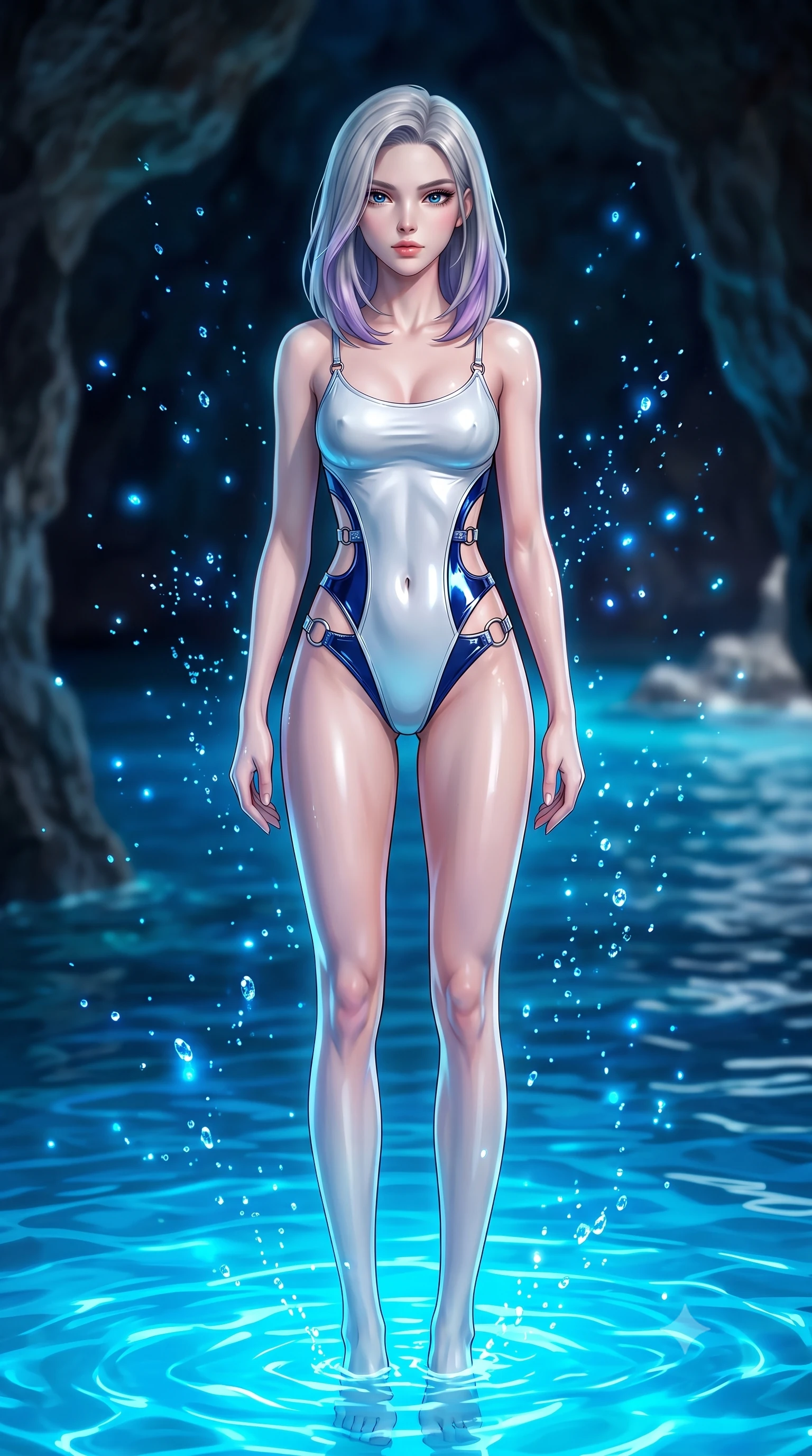 score_9, masterpiece, best quality, ultra-detailed, high-budget anime keyframe, semi-realistic 3D game render, editorial fashion photography, tasteful artistic composition, Caucasian woman. low angle full-body shot from head to toe showing her feet, filling the entire 9:16 vertical frame with her statuesque presence, stretching her vertical silhouette. performing an alluring mid-air vault with flawless poise, looking directly into the camera with smoldering intensity while standing waist-deep in neon-azure subterranean seawater as electric blue underwater light illuminates her sculpted flat midriff. The composition keeps background elements in soft focus with creamy bokeh. sparkling water droplets scattering glowing blue light motes across a dark backdrop. She has an absolutely perfect, statuesque 8.5-heads proportion, an exceptionally tall and slender model-like female figure with impossibly long slender legs, a toned flat midriff, and an ultra-slim waist. sharp v-shaped jawline, high-bridge nose, intricate jewel-like eyes with depth, thick eyelashes, glossy lips with a natural sheen, flawlessly proportioned anatomical accuracy, strict slender model proportions, natural body alignment, perfectly sculpted long slender limbs, ultra-slim waistline, clean dynamic posture without body distortion. wearing a second-skin white liquid-mercury micro-bodysuit sculpted tightly to her slender build, featuring razor-thin metallic straps and hip cutouts in deep royal navy blue and specular chrome, formed from high-gloss patent material with specular light reflections, detailed with polished silver rings connecting the daring side-waist cutouts, the glove-like aerodynamic second-skin fit tightly clinging to her ultra-slender waist and athletic curves without adding bulk, accentuating her razor-sharp statuesque lines and slim hourglass silhouette. surrounded by a mystical, enchanting, and breathtakingly sensual Mediterranean mermaid-goddess aura. highly saturated vibrant anime colors, detailed shading with soft gradients, rich glossy textures, high-contrast stereoscopic depth, volumetric dynamic lighting, master piece, 9:16 ratio