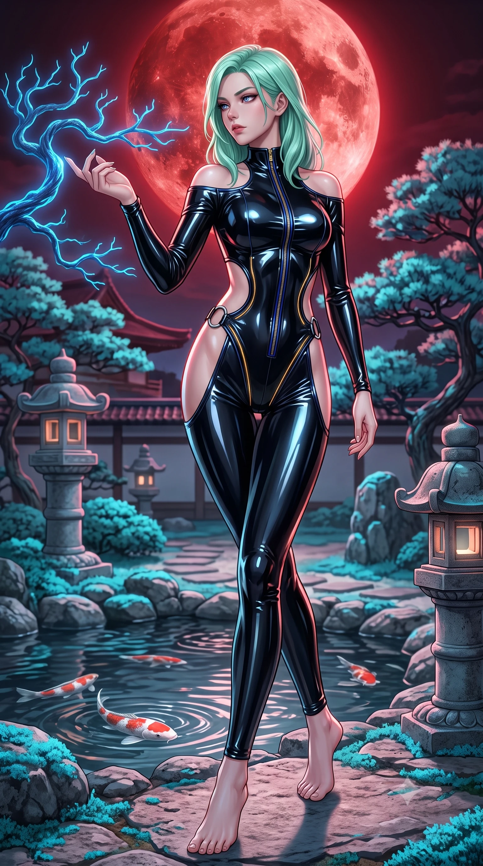 score_9, masterpiece, best quality, ultra-detailed, high-budget anime keyframe, semi-realistic 3D game render, editorial fashion photography, tasteful artistic composition, Japanese woman. low angle full-body shot from head to toe showing her feet, filling the entire 9:16 vertical frame with her statuesque presence, stretching her vertical silhouette. striding forward in a proud, statuesque motion with a dangerous smolder, her vertical silhouette dominating the frame from head to toe while reaching out to touch a glowing blue bonsai branch while glancing over her shoulder with smoldering eyes. The surrounding environment is rendered in vivid detail and crisp panoramic clarity. sharp digital koi pond ripples, crisp blood moon craters, and stone lantern details in high resolution. She has an absolutely perfect, statuesque 8.5-heads proportion, an exceptionally tall and slender model-like female figure with impossibly long slender legs and an ultra-slim waist. sharp v-shaped jawline, high-bridge nose, intricate jewel-like eyes with depth, thick eyelashes, glossy lips with a natural sheen, flawlessly proportioned anatomical accuracy, natural body alignment, perfectly sculpted elegant limbs, clean dynamic posture without body distortion. wearing a glossy black second-skin latex bodysuit with high-thigh cuts, exposed clavicle neckline, and gleaming zipper details in midnight sapphire blue and glowing gold filaments, formed from high-gloss patent material with specular light reflections, detailed with polished silver rings connecting the daring side-waist cutouts, the liquid-tight fabric adhering flawlessly to her sculpted torso and slender silhouette. bathed in dramatic crimson blood-moon backlighting and glowing cyan moss ambient fill. highly saturated vibrant anime colors, detailed shading with soft gradients, rich glossy textures, high-contrast stereoscopic depth, volumetric dynamic lighting, master piece, 9:16 ratio
