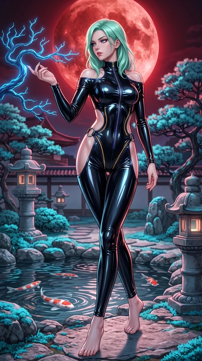 score_9, masterpiece, best quality, ultra-detailed, high-budget anime keyframe, semi-realistic 3D game render, editorial fashion photography, tasteful artistic composition, Japanese woman. low angle full-body shot from head to toe showing her feet, f