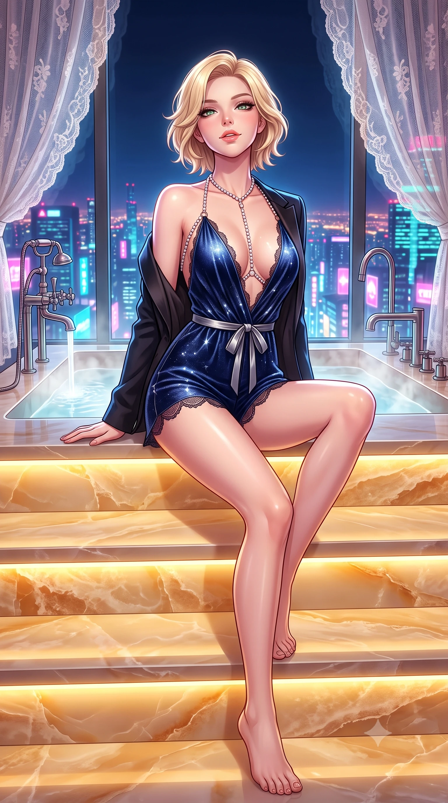 score_9, masterpiece, best quality, ultra-detailed, high-budget anime keyframe, semi-realistic 3D game render, editorial fashion photography, tasteful artistic composition, Caucasian woman. low angle full-body shot from head to toe showing her feet, filling the entire 9:16 vertical frame with her statuesque presence, stretching her vertical silhouette. sitting poised on the stone steps with one knee bent, arching her spine with supermodel elegance as she glances upward through thick eyelashes while standing beside the steaming sunken bath with hips cocked back, looking through floor-to-ceiling glass at the neon city with bedroom-eyes. The surrounding environment is rendered in vivid detail and crisp panoramic clarity: detailed delicate sheer French Chantilly lace teddy drape, open tailored tuxedo blazer slipping off shoulders, and bespoke luxury plumbing in razor-sharp precision. She has an absolutely perfect, statuesque 8.5-heads proportion, an exceptionally tall and slender model-like female figure with impossibly long slender legs, an ultra-slim waist, a flat toned midriff, narrow delicate ribcage, and beautifully sculpted feminine hips creating a graceful, slim hourglass silhouette without any bulky heaviness. sharp v-shaped jawline, high-bridge nose, sparkling eyes with hypnotic seductive depth, thick curled eyelashes, glossy parted lips with a natural dewy peach sheen, alluring bedroom-eyes with an enchanting coquettish smile, exuding magnetic siren charisma and sophisticated glamour, flawlessly proportioned anatomical accuracy, strict slender model proportions, natural body alignment, perfectly sculpted long slender limbs, ultra-slim waistline, clean dynamic posture without body distortion. wearing a plunge-neck stretch velvet romper with scalloped eyelash-lace hems and a cinched waist ribbon in deep sapphire navy and molten silver, woven from stretch metallic lurex jersey casting radiant starlight glints across her silhouette, accented with a pearl-drop body harness subtly framing her dewy collarbones and spine, the form-contouring silhouette accentuating her sculpted flat midriff, narrow delicate ribcage, and gracefully curvy hips with intoxicating allure. bathed in soft 2700K concealed warm LED cove lighting beneath the stepped onyx platform mixed with exterior city ambient fill. highly saturated vibrant anime colors, detailed shading with soft gradients, rich glossy textures, high-contrast stereoscopic depth, volumetric dynamic lighting, master piece, 9:16 ratio