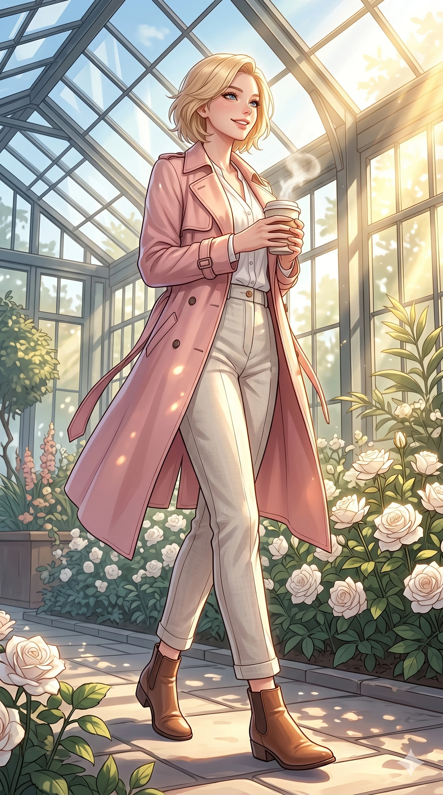 score_9, masterpiece, best quality, ultra-detailed, high-budget anime keyframe, vibrant anime aesthetic, Caucasian woman, strictly human ears. low angle full-body shot from head to toe showing her feet, filling the entire 9:16 vertical frame with her statuesque presence, stretching her vertical silhouette. She is holding a warm cup of coffee and smiling warmly under the bright sunbeams inside a modern greenhouse pavilion filled with white winter roses and warm sunbeams (Code-P21-011). She has an absolutely perfect 8-heads proportion, an exceptionally tall and slender female figure with impossibly long slender legs and an ultra-slim waist. V-shaped jawline, high-bridge nose, intricate jewel-like eyes with depth, thick eyelashes, glossy lips with a natural sheen. wearing a pastel pink trench coat over a white blouse and linen trousers. She is illuminated by warm, golden sun rays highlighting the textures of her cozy coat. 2k, ultra detail, master piece, 9:16 ratio