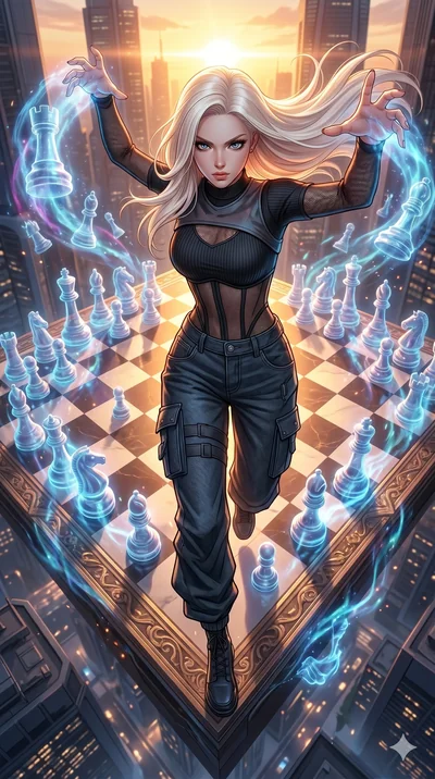 score_9, masterpiece, best quality, ultra-detailed, photorealistic 8k CG, hyper-detailed textures, ray-tracing, Japanese woman. Extreme high angle shot as she leaps towards the camera, filling the frame. summoning a phantom army of chess pieces on a 