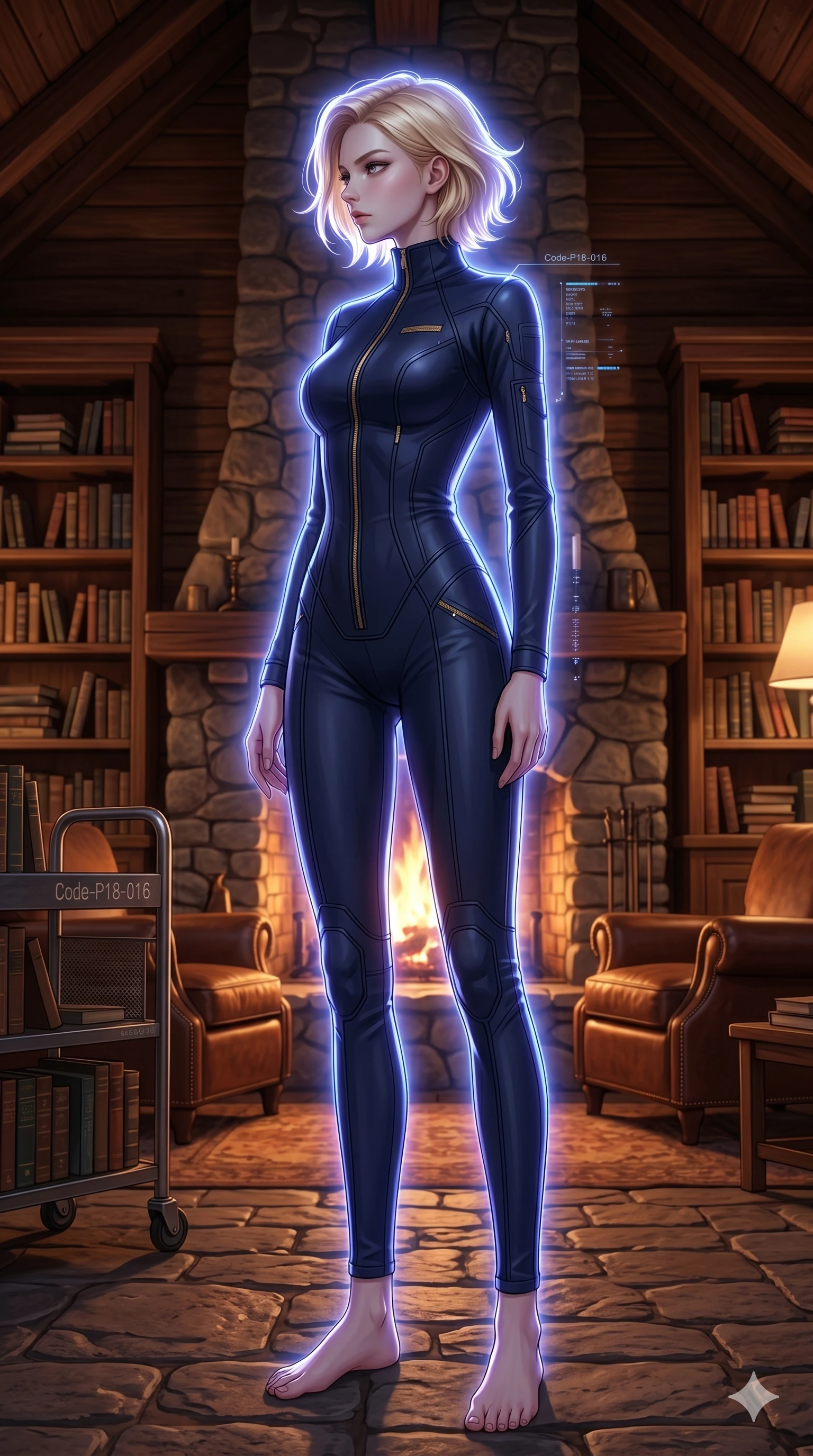 score_9, masterpiece, best quality, ultra-detailed, high-budget anime keyframe, editorial fashion photography, tasteful artistic composition, Caucasian woman, strictly human ears. low angle full-body shot from head to toe showing her feet, filling the entire 9:16 vertical frame with her statuesque presence, stretching her vertical silhouette. standing proud and tall, her face turned in sharp profile, casting a cold and mysterious side gaze inside a cozy mountain library cabin with a crackling fireplace (Code-P18-016). She has an absolutely perfect 8-heads proportion, an exceptionally tall and slender female figure with impossibly long slender legs and an ultra-slim waist. V-shaped jawline, high-bridge nose, intricate jewel-like eyes with depth, thick eyelashes, glossy lips with a natural sheen. wearing a sleek high-neck flight suit with long sleeves and gold zipper details. cool, ethereal blue-violet bioluminescent glow from all sides, outlining her tall slender figure. 2k, ultra detail, master piece, 9:16 ratio