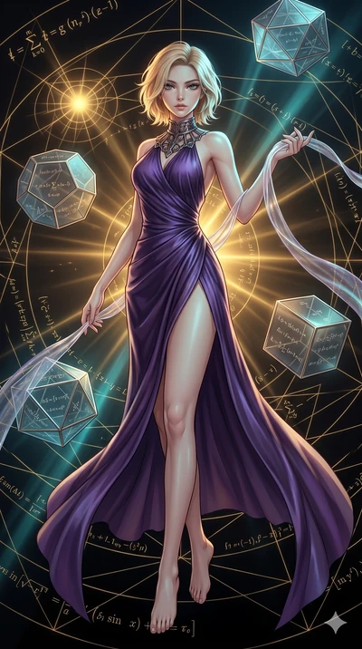 score_9, masterpiece, best quality, ultra-detailed, high-budget anime keyframe, Japanese woman. low angle full-body shot filling the entire 9:16 frame with her statuesque presence, stretching the vertical silhouette. floating gracefully in a mathemat