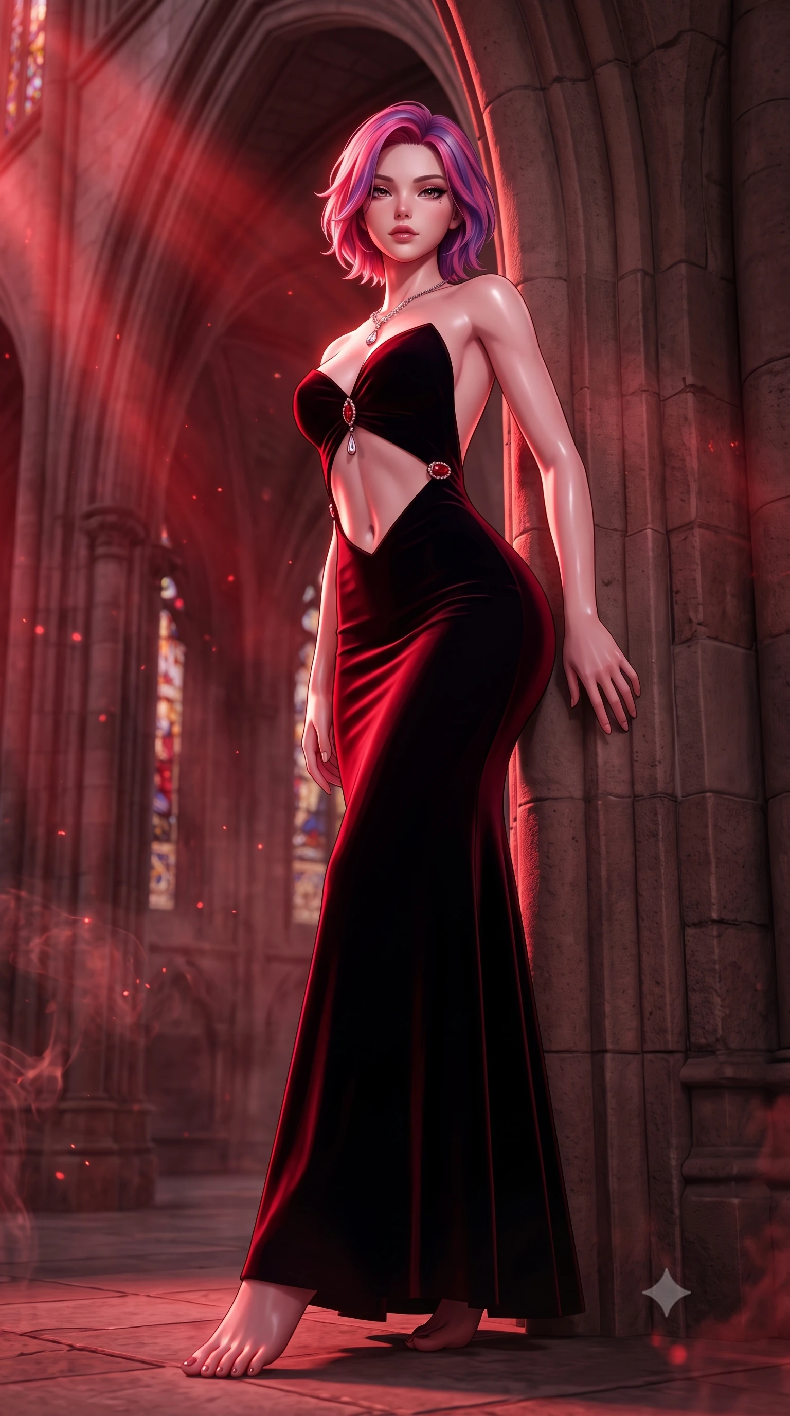 score_9, masterpiece, best quality, ultra-detailed, high-budget anime keyframe, semi-realistic 3D game render, editorial fashion photography, tasteful artistic composition, Caucasian woman. low angle full-body shot from head to toe showing her feet, filling the entire 9:16 vertical frame with her statuesque presence, stretching her vertical silhouette. leaning deep against the structural architecture with hips cocked in an unapologetically bold, seductive high-fashion stance while pivoting dynamically beneath colossal gothic cathedral arches as a total lunar eclipse casts blood-crimson shadows. The composition keeps background elements in soft focus with creamy bokeh. drifting incense smoke and lunar light rays scattering ethereal radiant motes across the stone flags. She has an absolutely perfect, statuesque 8.5-heads proportion, an exceptionally tall and slender model-like female figure with impossibly long slender legs, a toned flat midriff, and an ultra-slim waist. sharp v-shaped jawline, high-bridge nose, intricate jewel-like eyes with depth, thick eyelashes, glossy parted lips with a natural sheen, intensely captivating and seductive expression, flawlessly proportioned anatomical accuracy, strict slender model proportions, natural body alignment, perfectly sculpted long slender limbs, ultra-slim waistline, clean dynamic posture without body distortion. wearing a deep sweetheart neckline velvet ballgown with an exposed midriff cutout framed by ruby clasps in midnight obsidian black and blood crimson, tailored from liquid silk jersey adhering flawlessly to her slender build, accented with delicate crystal teardrop pendants at the neckline, the dramatically scooped open back descending to the base of her spine, accentuating her razor-sharp statuesque lines and slim hourglass silhouette. illuminated by crisp specular highlights defining her sculpted jawline, bare spine, and long limbs. highly saturated vibrant anime colors, detailed shading with soft gradients, rich glossy textures, high-contrast stereoscopic depth, volumetric dynamic lighting, master piece, 9:16 ratio