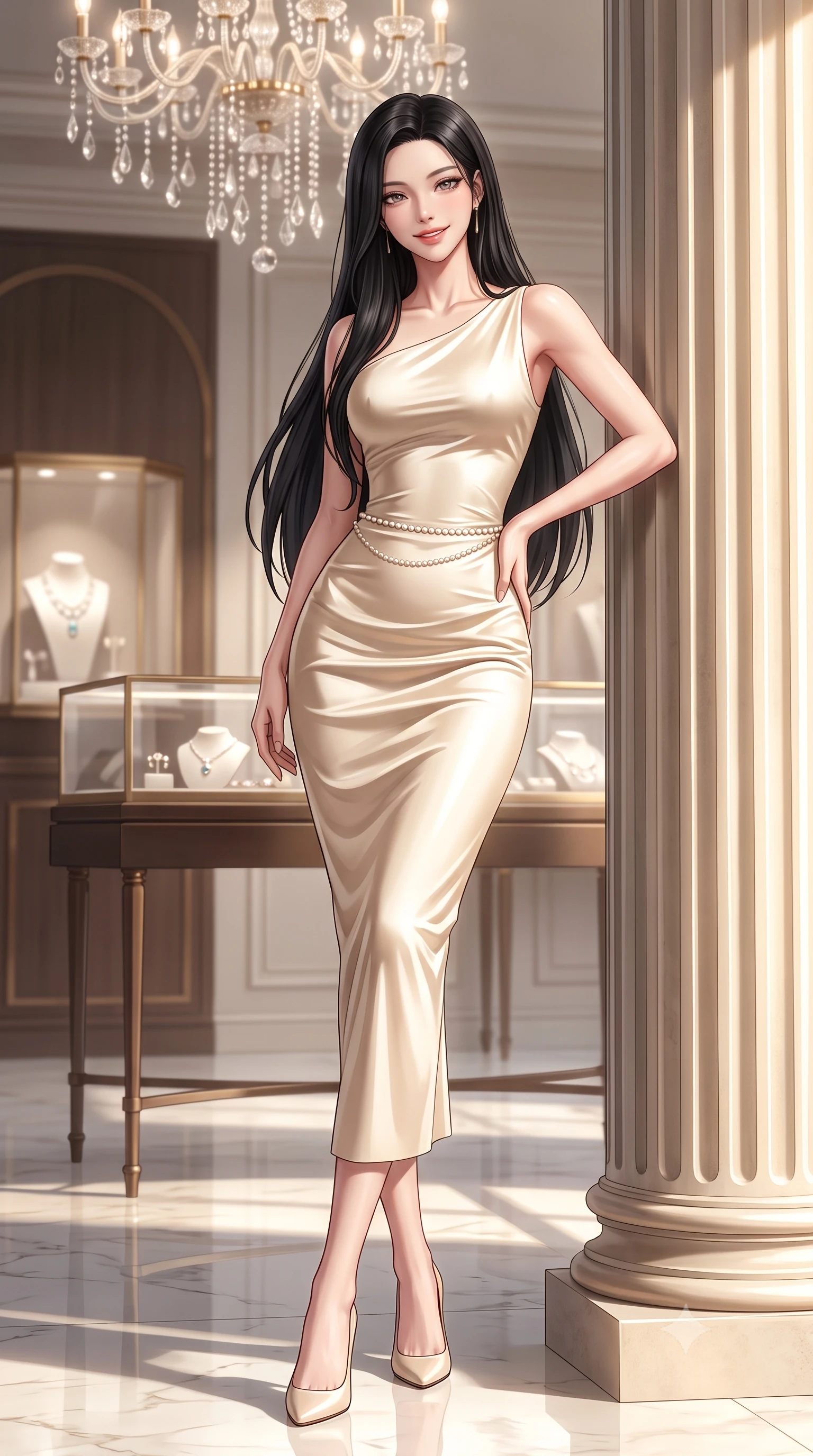score_9, masterpiece, best quality, ultra-detailed, high-budget anime keyframe, semi-realistic 3D game render, editorial fashion photography, tasteful artistic composition, Korean woman. low angle full-body shot from head to toe showing her feet, filling the entire 9:16 vertical frame with her statuesque presence, stretching her vertical silhouette. leaning lightly against the sunlit architectural column with hips cocked back, flashing a warm, alluring, confident smile while standing poised in the center of the palatial boutique salon beneath a cascading crystal chandelier, flashing a chic supermodel smile. The background shows a soft-focus glass display cases with luxury jewels softened in opulent Parisian palace shallow focus. She has an exceptionally tall and slender model-like 8.5-heads proportion, an ultra-slim waist, a flat toned midriff, narrow delicate ribcage, and beautifully sculpted feminine hips creating a graceful, slim hourglass silhouette without any bulky heaviness, with impossibly long slender legs. sharp v-shaped jawline, high-bridge nose, intricate jewel-like sparkling eyes with depth, thick eyelashes, glossy parted lips with a natural peach sheen, bright cheerful beaming smile with an enchanting and coquettish sensual glint, exuding both youthful cute charm and seductive allure, flawlessly proportioned anatomical accuracy, strict slender model proportions, natural body alignment, perfectly sculpted long slender limbs, ultra-slim waistline, clean dynamic posture without body distortion. wearing an elegant fitted liquid crepe cocktail sheath dress with an asymmetric neckline tracing her delicate collarbones and narrow waist in soft champagne ivory and warm biscuit beige, crafted from lustrous liquid satin crepe that drapes in body-clinging ripples catching ambient lights, accented with a dainty pearl waist chain catching the ambient sunlight across her sculpted waistline, the form-contouring silhouette accentuating her sculpted flat midriff, narrow delicate ribcage, and gracefully curvy hips with intoxicating allure. illuminated by polished marble floor bounce and pristine champagne rim lights defining her razor-sharp jawline and elegant tailored silhouette. highly saturated vibrant anime colors, detailed shading with soft gradients, rich glossy textures, high-contrast stereoscopic depth, volumetric dynamic lighting, master piece, 9:16 ratio