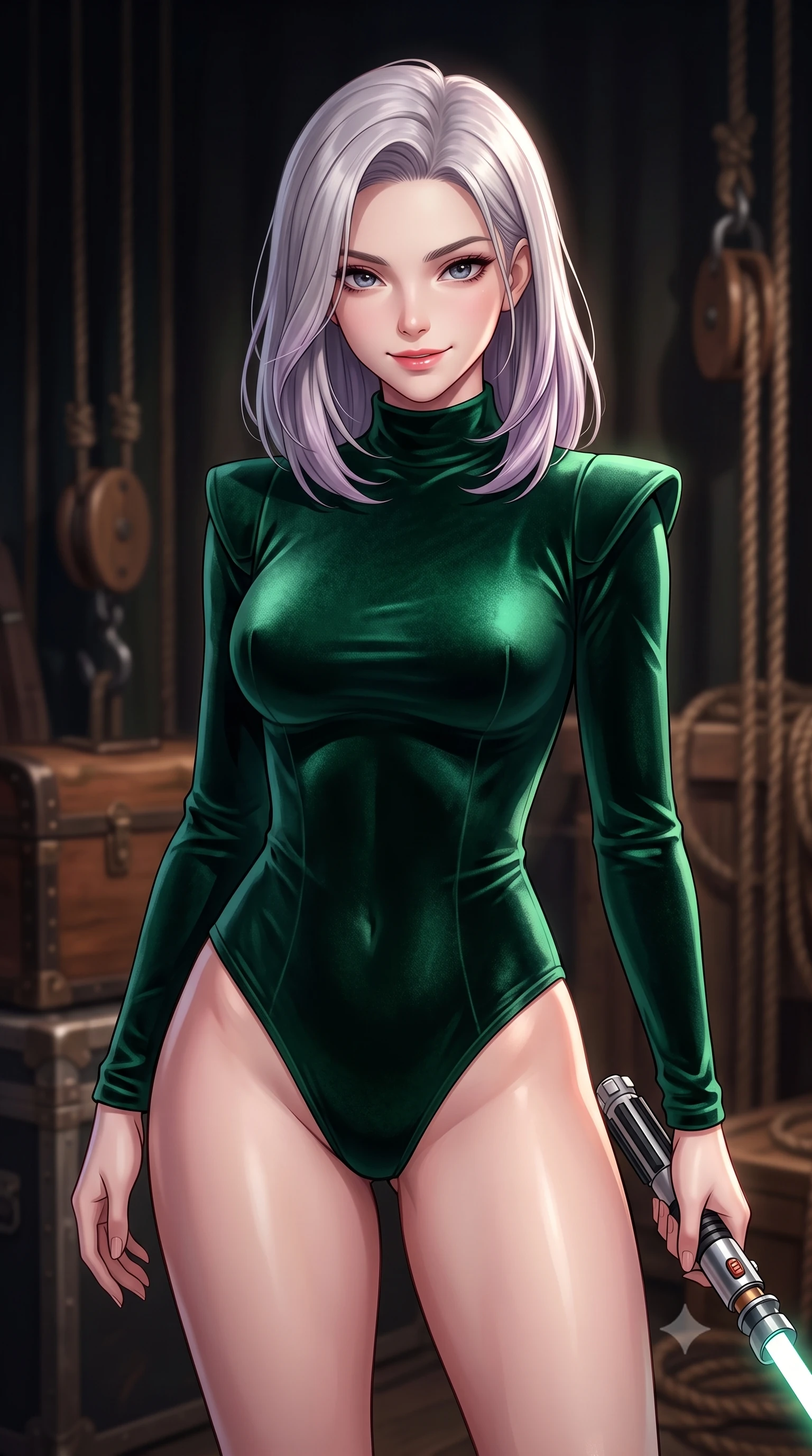 score_9, masterpiece, best quality, ultra-detailed, high-budget anime keyframe, editorial fashion photography, tasteful artistic composition, Caucasian woman. close-up cowboy shot from the waist and thighs up, the character dominates the composition, filling the frame with her large presence, background elements kept in soft focus. leaning slightly forward with a playful, teasing smile while holding a deactivated plasma saber hilt, the background shows a soft-focus a vintage stage wing with wooden trunks, pulleys, and ropes in the dark. She has an exceptionally elegant, slender, and willowy female figure with an ultra-slim waist, a gracefully sculpted slender torso, and a refined silhouette. sharp v-shaped jawline, high-bridge nose, intricate jewel-like eyes with depth, thick eyelashes, glossy lips with a natural sheen. wearing a body-hugging form-contouring deep emerald green velvet bodysuit with a high mock-neck collar and structured shoulder guards. dramatic chiaroscuro lighting focusing on her athletic, slender build. highly saturated vibrant anime colors, detailed shading with soft gradients, rich glossy textures, high-contrast stereoscopic depth, volumetric dynamic lighting, master piece, 9:16 ratio