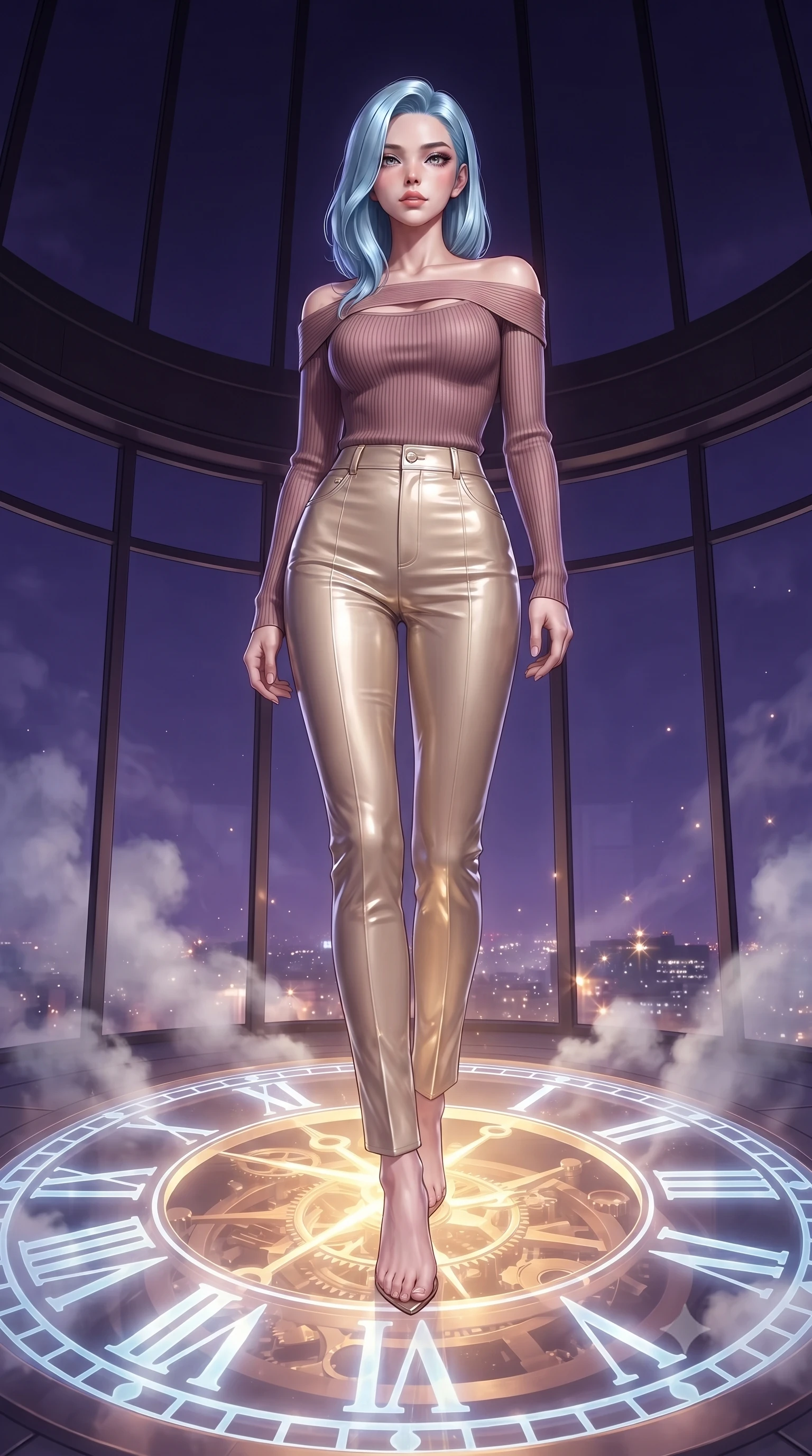 score_9, masterpiece, best quality, ultra-detailed, high-budget anime keyframe, editorial fashion photography, tasteful artistic composition, Korean woman. low angle full-body shot from head to toe showing her feet, filling the entire 9:16 vertical frame with her statuesque presence, stretching her vertical silhouette. navigating the luminous space with effortless poise, displaying her perfect model proportions standing atop a giant translucent Roman numeral clock dial in a high tower, distant starlight and city lights twinkling through steam clouds. She has an absolutely perfect, statuesque 8.5-heads proportion, an exceptionally tall and slender model-like female figure with impossibly long slender legs and an ultra-slim waist. sharp v-shaped jawline, high-bridge nose, intricate jewel-like eyes with depth, thick eyelashes, glossy lips with a natural sheen. wearing a sleek off-shoulder ribbed knit top paired with high-waist tailored pants in dusty rose and champagne gold, tailored from high-gloss patent leather, accented with a Tasteful chest slit framing her clavicle gracefully, the glove-like fit emphasizing her statuesque silhouette. lit by a contrast of deep violet sky and radiant golden mechanical light. ultra-reflective glossy finish, specular highlights, metallic sheen, high-contrast stereoscopic depth, volumetric dynamic lighting, 2k, ultra detail, master piece, 9:16 ratio