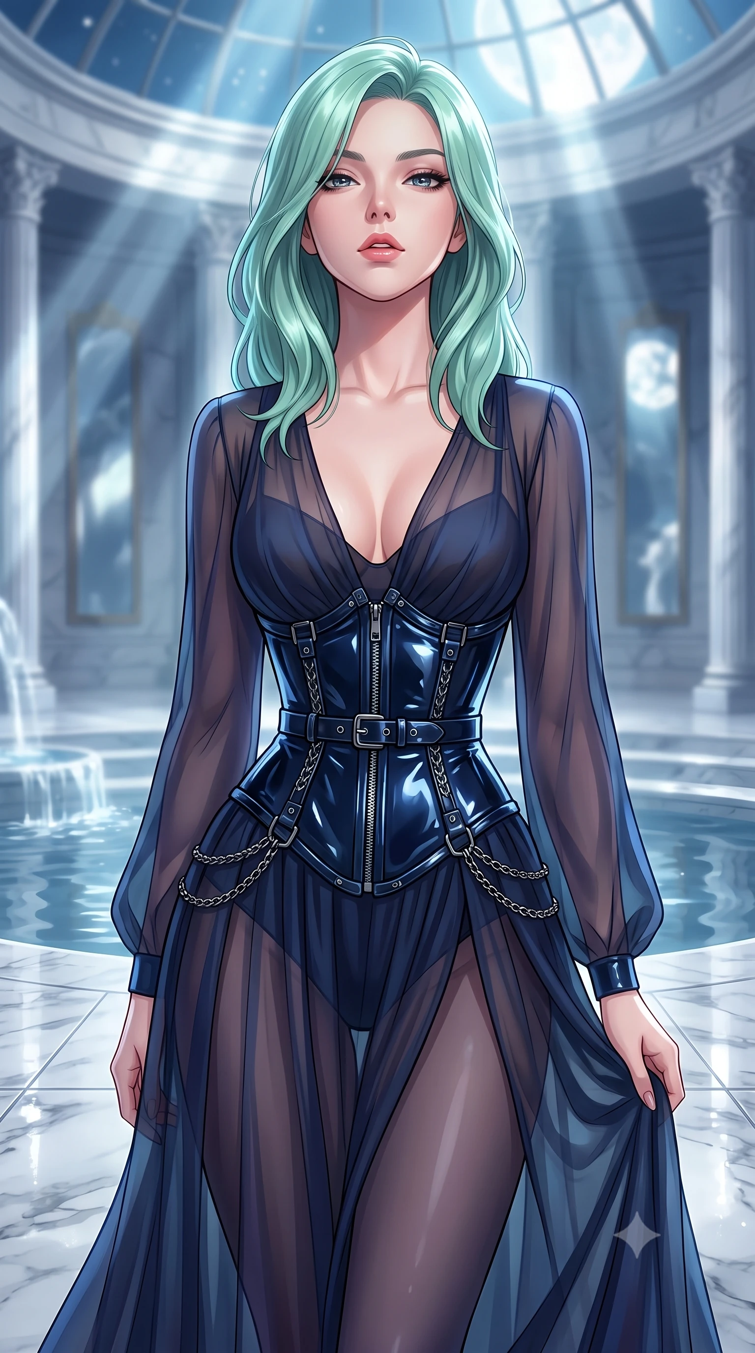 score_9, masterpiece, best quality, ultra-detailed, high-budget anime keyframe, editorial fashion photography, tasteful artistic composition, Japanese woman. close-up cowboy shot from the waist and thighs up, the character dominates the composition, filling the frame with her large presence, background elements kept in soft focus. Tilting her chin up slightly with lips parted in a composed, magnetic expression, looking directly into the camera with a calm, magnetic self-assurance, full moon rays casting cold silver beams across the white marble water hall. She has an exceptionally elegant, slender, and willowy female figure with an ultra-slim waist, a gracefully sculpted slender torso, and a refined silhouette. sharp v-shaped jawline, high-bridge nose, intricate jewel-like eyes with depth, thick eyelashes, glossy lips with a natural sheen. wearing semi-opaque sheer dark chiffon gown revealing structured corset silhouette in midnight navy blue, made of high-gloss liquid vinyl, framed by dark titanium buckles and silver chain details, highlighting her statuesque proportions and ultra-slim waistline. illuminated by brilliant cold silver moonlight filtering through glass dome panes. highly saturated vibrant anime colors, detailed shading with soft gradients, rich glossy textures, high-contrast stereoscopic depth, volumetric dynamic lighting, master piece, 9:16 ratio