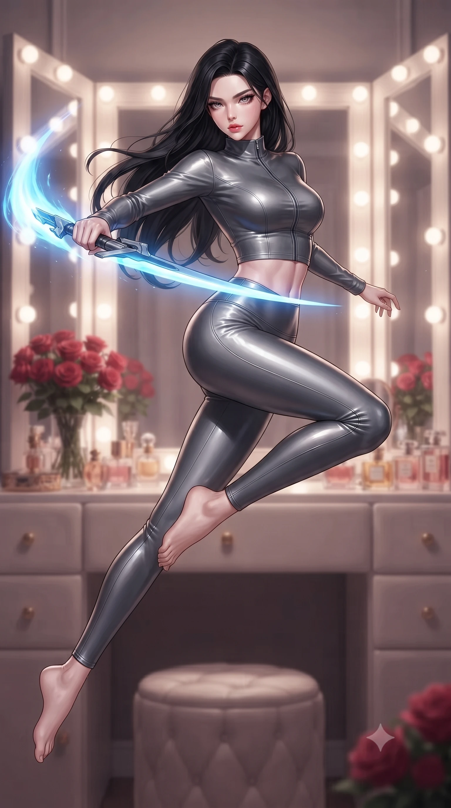 score_9, masterpiece, best quality, ultra-detailed, high-budget anime keyframe, editorial fashion photography, tasteful artistic composition, Korean woman. low angle full-body shot from head to toe showing her feet, filling the entire 9:16 vertical frame with her statuesque presence, stretching her vertical silhouette. leaping forward while slashing with a twin-bladed plasma sword in mid-air, her body-contouring suit showing her athletic silhouette, the background shows a soft-focus a dressing room corner with bouquets of red roses and perfume bottles. She has an absolutely perfect, statuesque 8.5-heads proportion, an exceptionally tall and slender model-like female figure with impossibly long slender legs and an ultra-slim waist. sharp v-shaped jawline, high-bridge nose, intricate jewel-like eyes with depth, thick eyelashes, glossy lips with a natural sheen. wearing a slim-fit body-hugging high-neck activewear set of a tailored zip-up long-sleeve crop top and matching leggings in carbon-grey. soft vanity lighting reflecting off mirrors to create a glowing frame around her. ultra-reflective glossy finish, specular highlights, metallic sheen, high-contrast stereoscopic depth, volumetric dynamic lighting, 2k, ultra detail, master piece, 9:16 ratio