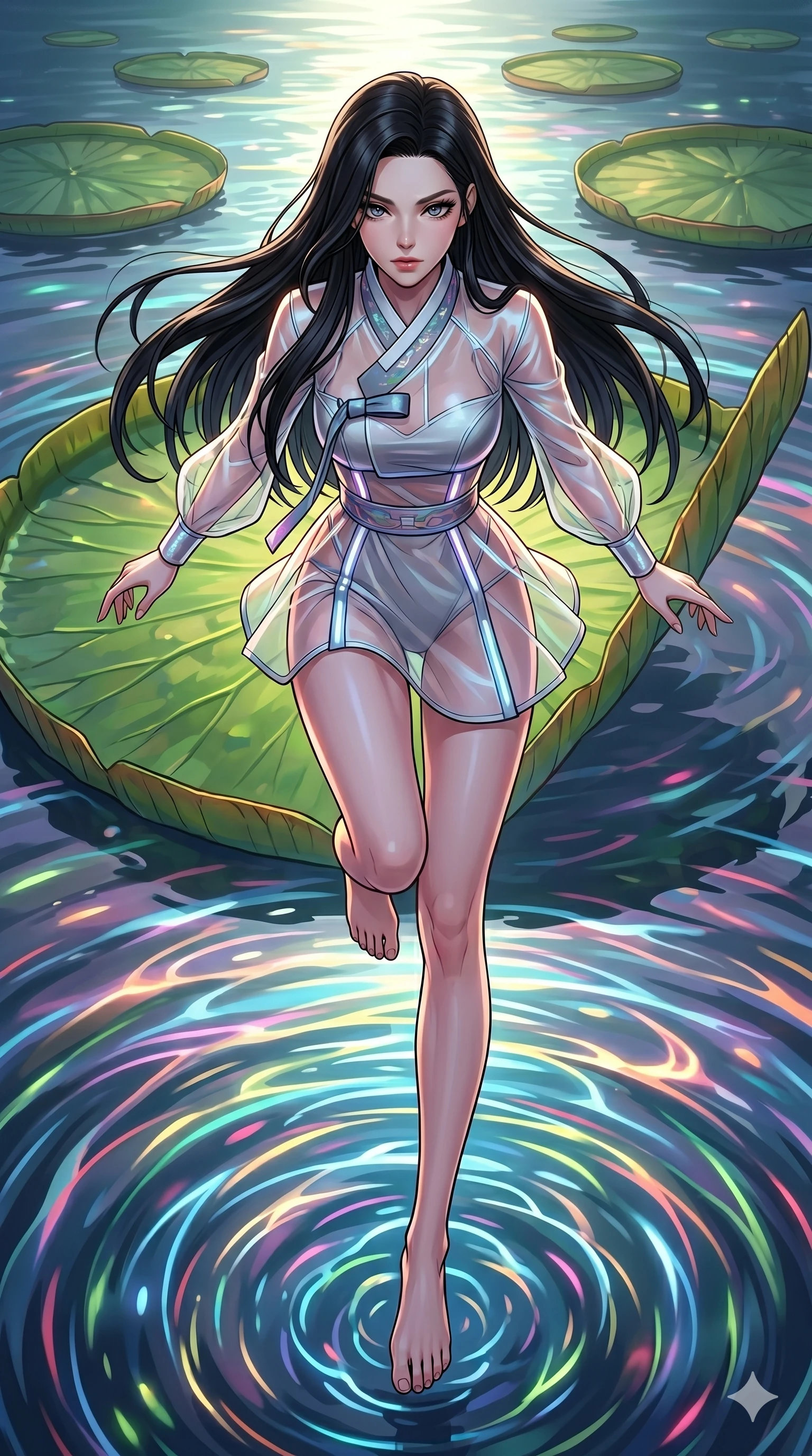 score_9, masterpiece, best quality, ultra-detailed, high-budget anime movie keyframe, cinematic anime lighting, intricate line art, Caucasian (strictly human ears) woman. Extreme high angle shot as she leaps towards the camera, filling the frame. dancing on a giant lily pad as ripples of light spread across the lake. She has an absolutely perfect 8-heads proportion, an exceptionally tall and slender female figure with an ultra-slim waist and impossibly long slender legs. strictly human anatomy, two legs only, no extra limbs, clearly defined legs and arms, perfect anatomy, perfect hands and fingers. sharp v-shaped jawline, high-bridge nose, intricate jewel-like eyes, thick eyelashes, glossy lips. Wearing Modern Traditional: Shortened cyber-hanbok with fusion silk robes and transparent panels. The scene is illuminated by dramatic atmospheric lighting and vibrant color palettes. , 2k, ultra detail, master piece, 9:16 ratio