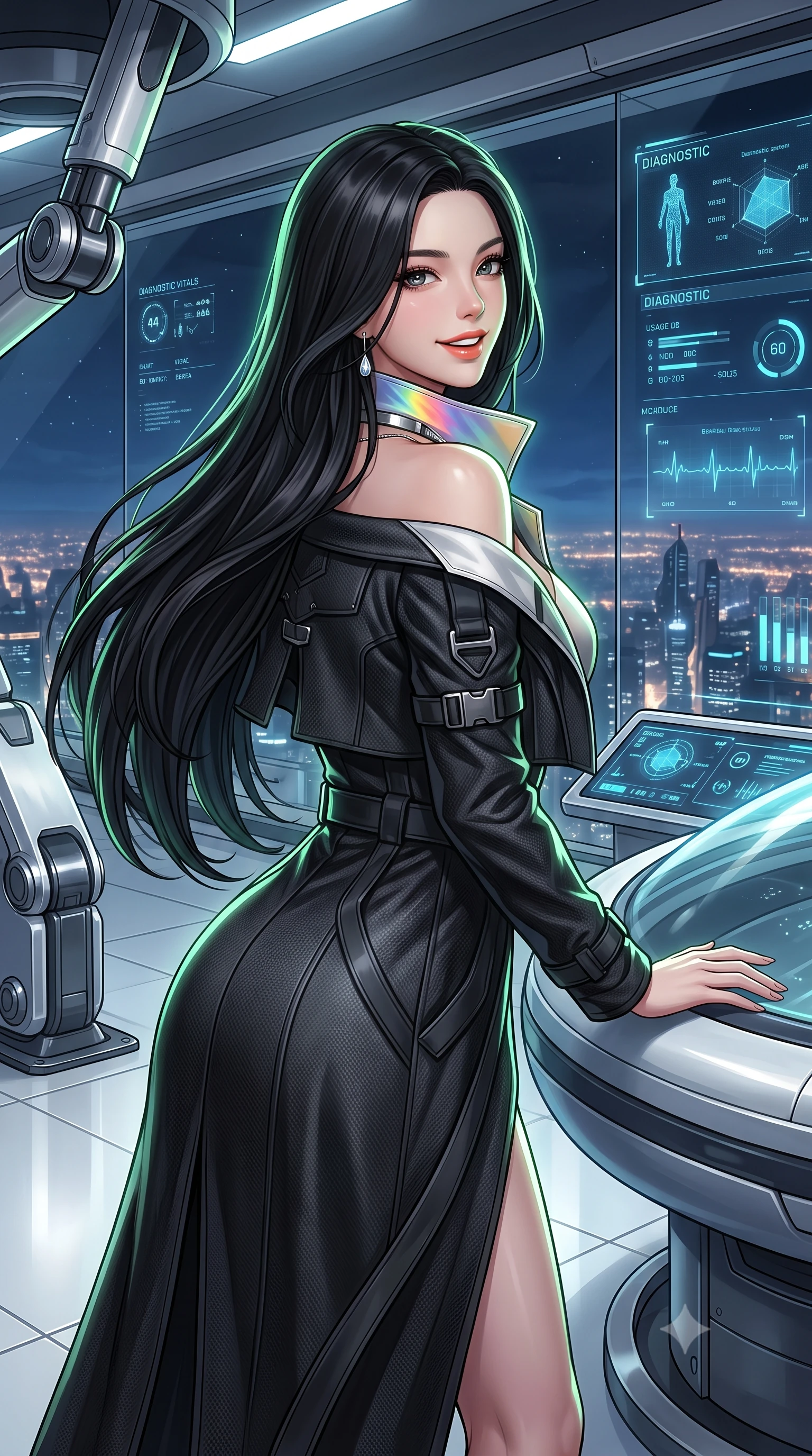 score_9, masterpiece, best quality, ultra-detailed, high-budget anime keyframe, semi-realistic 3D game render, editorial fashion photography, tasteful artistic composition, Korean woman. close-up cowboy shot from the waist and thighs up, the character dominates the composition, filling the frame with her large presence. posing in an alluring rear three-quarter angle, looking over a bare shoulder with parted glossy lips, her hips cocked back to highlight her slim hourglass curve while leaning against the curved examination pod with hips cocked back, gazing through the panoramic smart-tint glass at the glowing city below with heavy-lidded bedroom-eyes. The surrounding environment is rendered in vivid detail and crisp panoramic clarity: sharp brushed chrome robotic joint textures, flawless white resin floor reflections, and crisp diagnostic vitals readouts in deep focus. She has an exceptionally elegant, slender, and willowy female figure with an ultra-slim waist, flat toned midriff, narrow ribcage, and sculpted feminine hips creating an alluring, slim hourglass silhouette without bulk. sharp v-shaped jawline, high-bridge nose, intricate jewel-like sparkling eyes with depth, thick eyelashes, glossy parted lips with a natural peach sheen, bright cheerful beaming smile with an enchanting and coquettish sensual glint, exuding both youthful cute charm and seductive allure, flawlessly proportioned anatomical accuracy, strict slender model proportions, natural body alignment, perfectly sculpted long slender limbs, ultra-slim waistline, clean dynamic posture without body distortion. wearing a bespoke tactical commander trench coat in matte carbon-weave with magnetic utility buckles, storm flaps, and high standing collar in solar-sail rainbow diffraction and titanium white, woven from structured carbon-fiber jacquard with rich textural depth, finished with a minimalist chrome choker and a single teardrop diamond pendant, the impeccably tailored cut draping gracefully along her slender figure with aristocratic poise. illuminated by white floor reflection bounce and sharp platinum-green rim lights defining her jawline, narrow waist, and curvy hips. highly saturated vibrant anime colors, detailed shading with soft gradients, rich glossy textures, high-contrast stereoscopic depth, volumetric dynamic lighting, master piece, 9:16 ratio